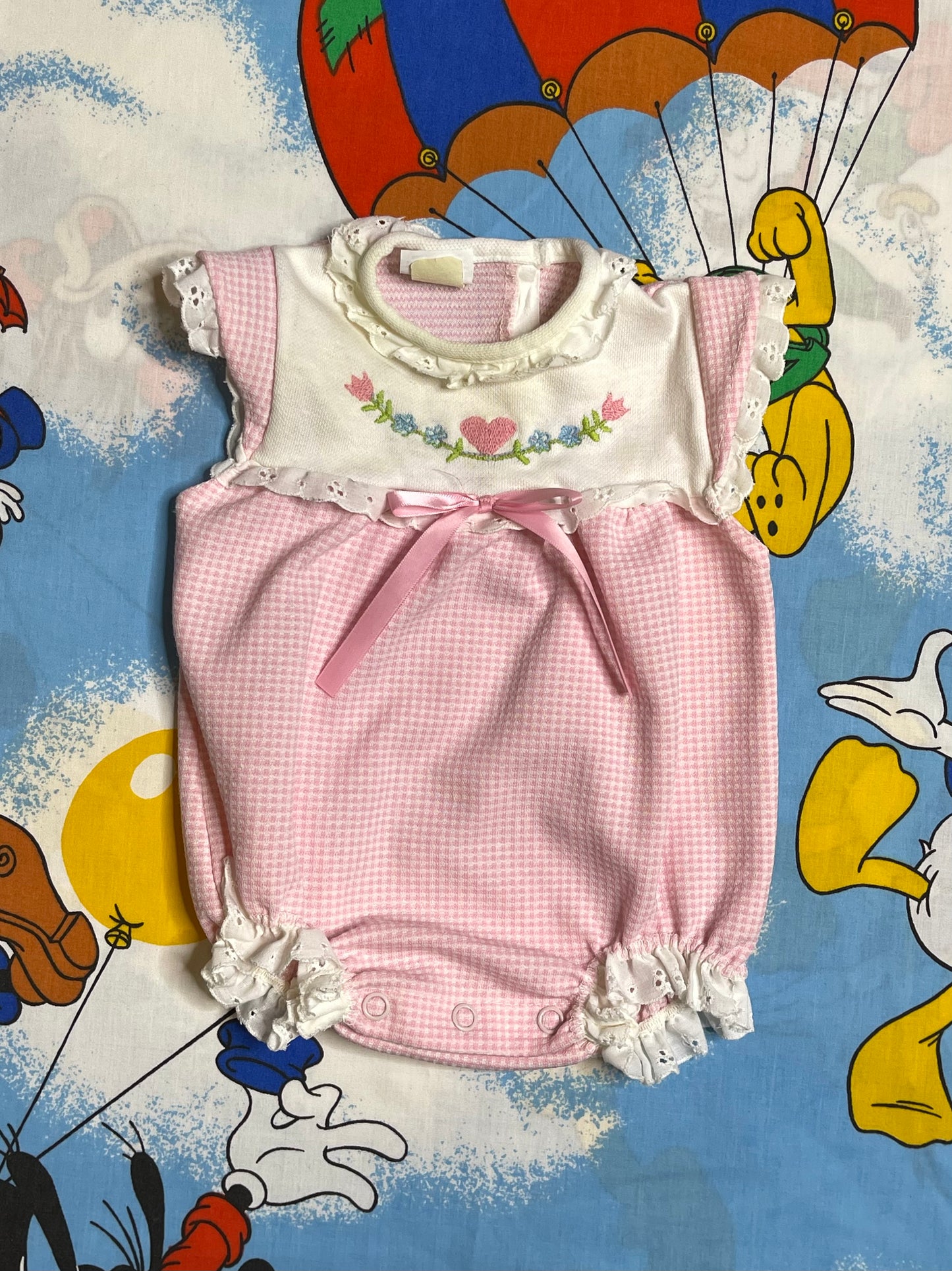 Vintage Pink Heart Gingham Spring Romper Sz 3M