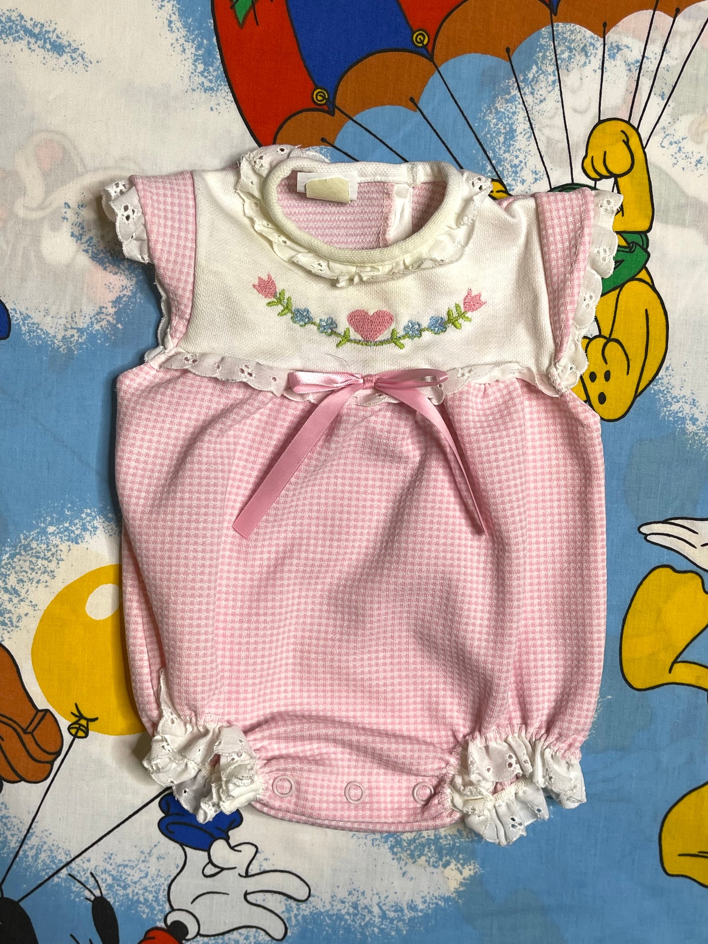 Vintage Pink Heart Gingham Spring Romper Sz 3M