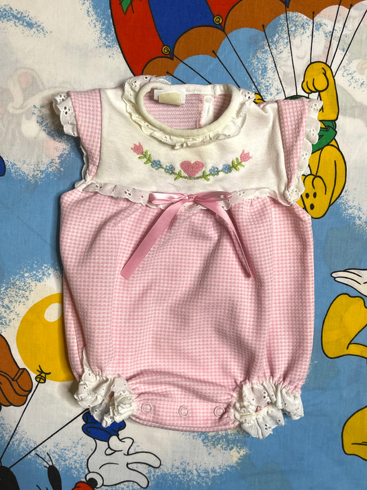 Vintage Pink Heart Gingham Spring Romper Sz 3M