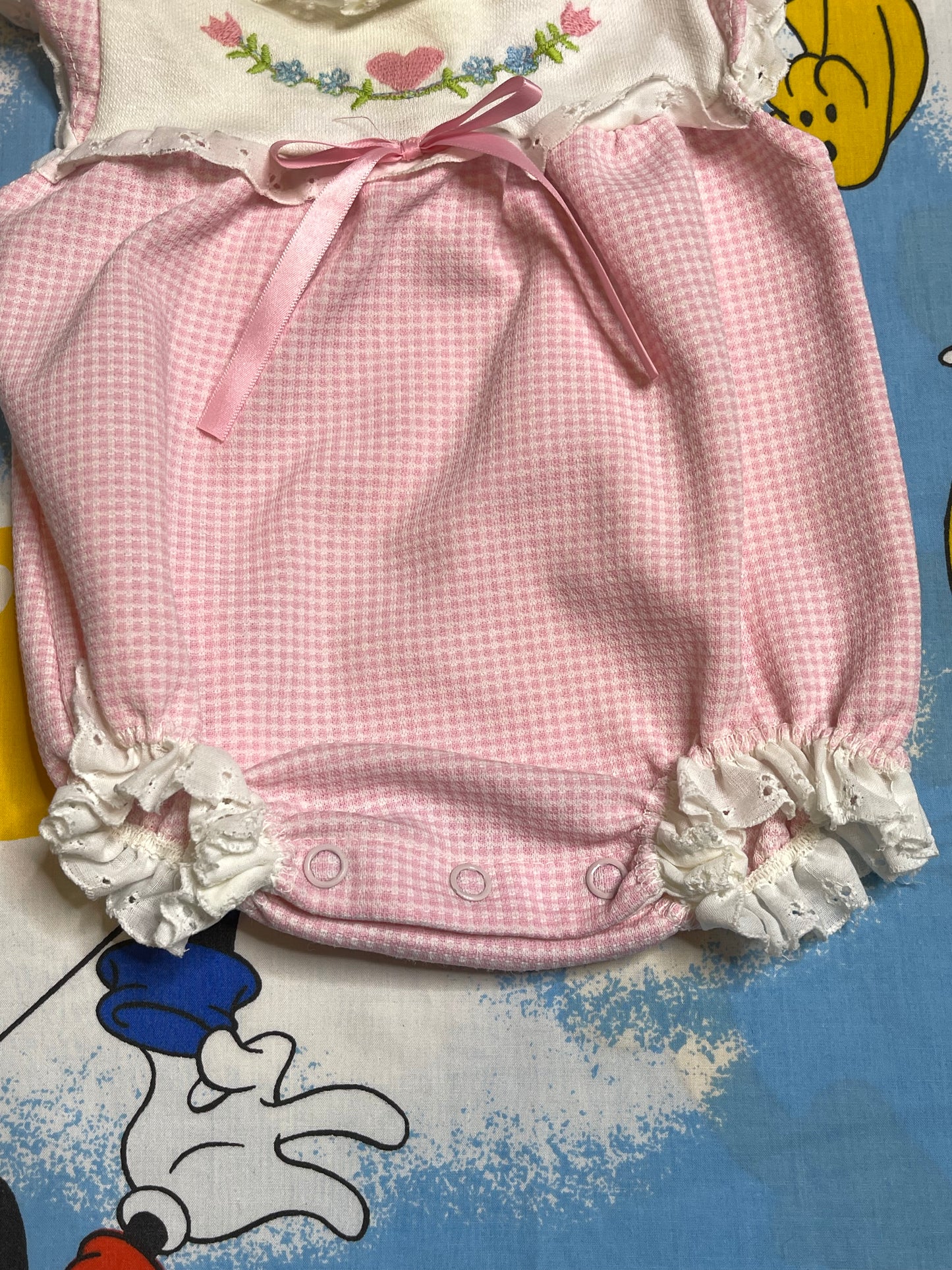 Vintage Pink Heart Gingham Spring Romper Sz 3M