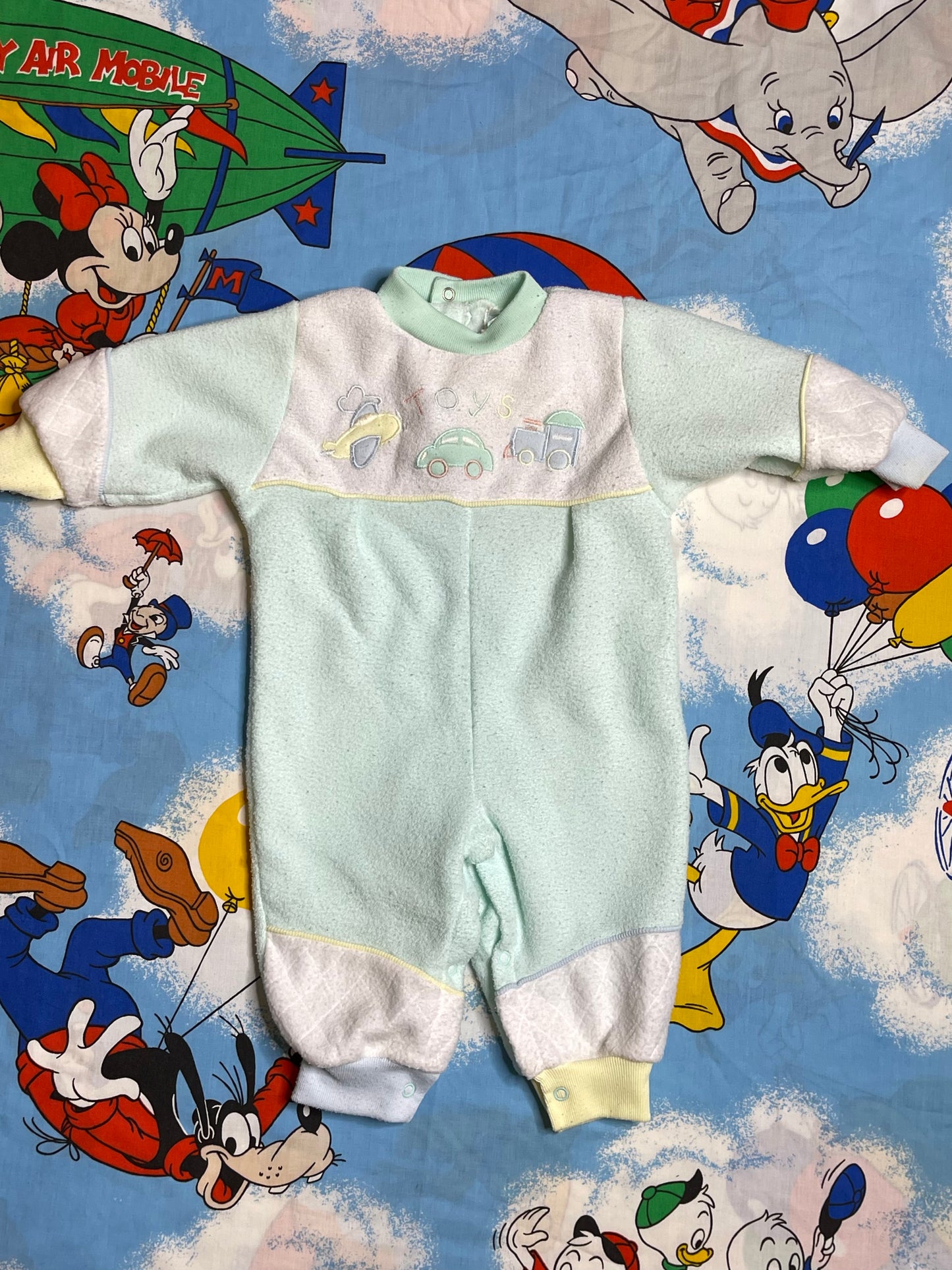 Vintage Pastel Multi-Color Fleece Toys Onesie Sz 6-9M