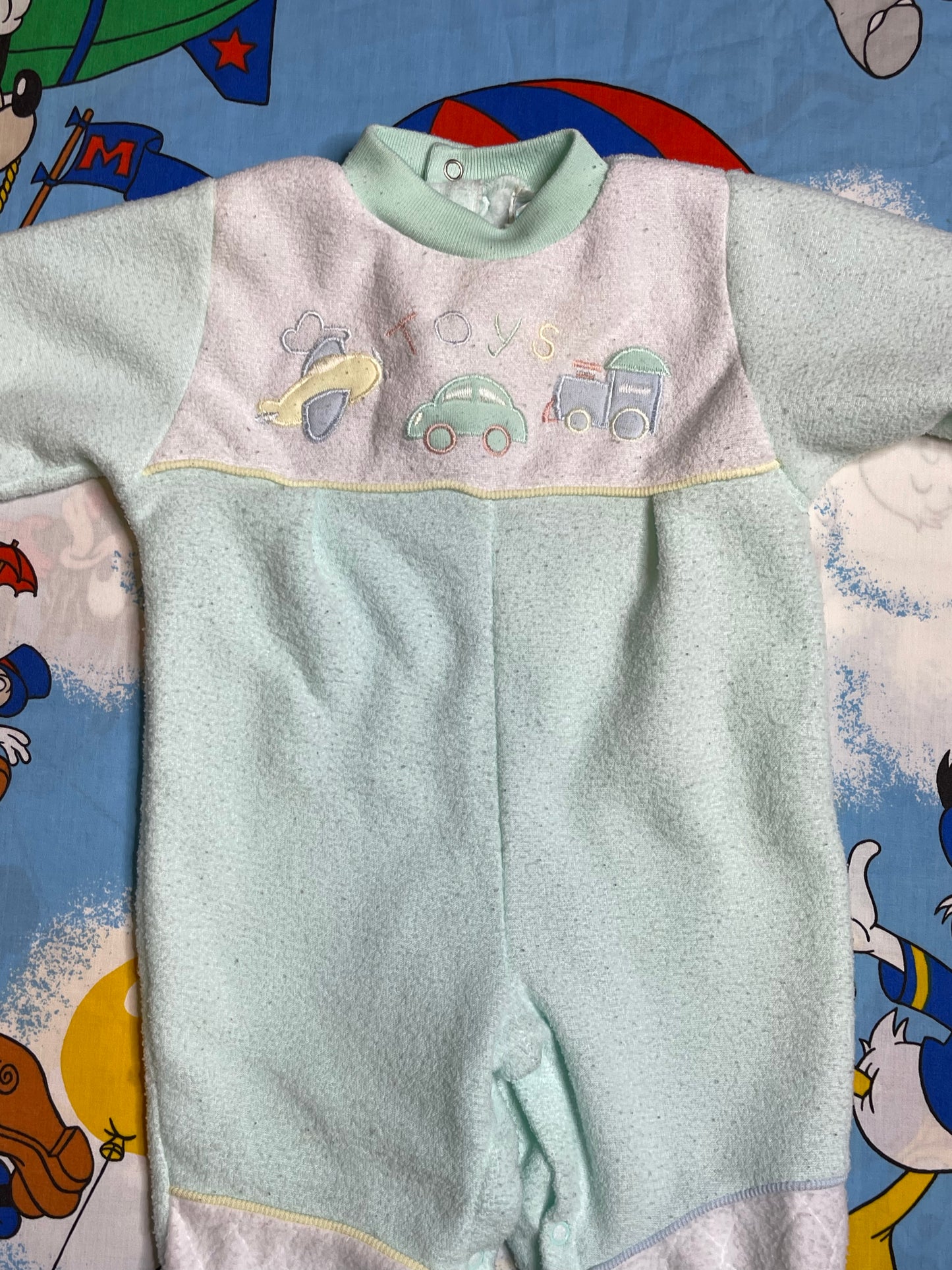 Vintage Pastel Multi-Color Fleece Toys Onesie Sz 6-9M