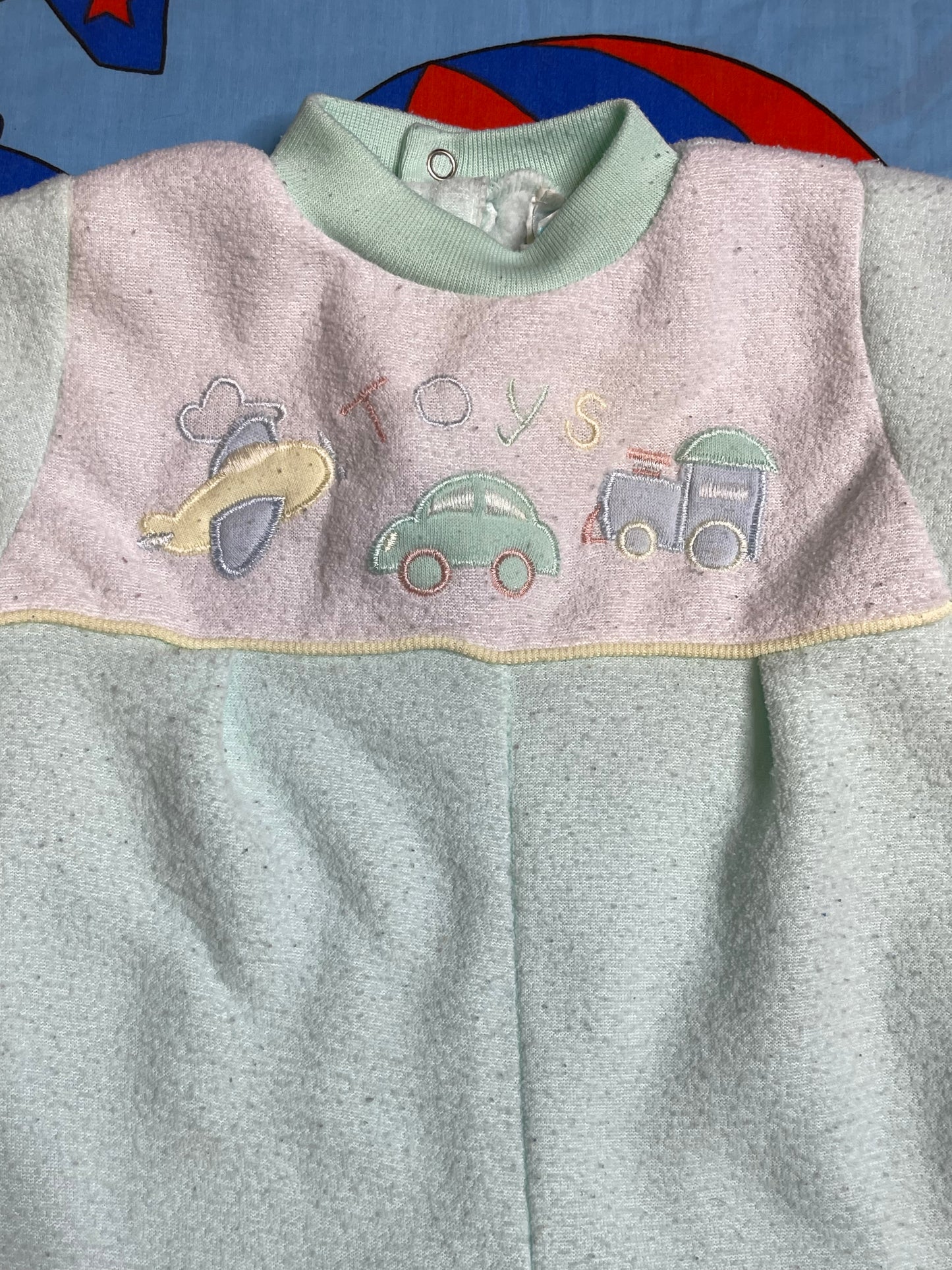 Vintage Pastel Multi-Color Fleece Toys Onesie Sz 6-9M