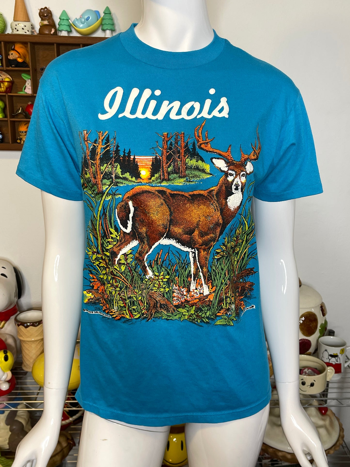Vintage 80s Illinois Deer Blue Graphic Tee Sz S