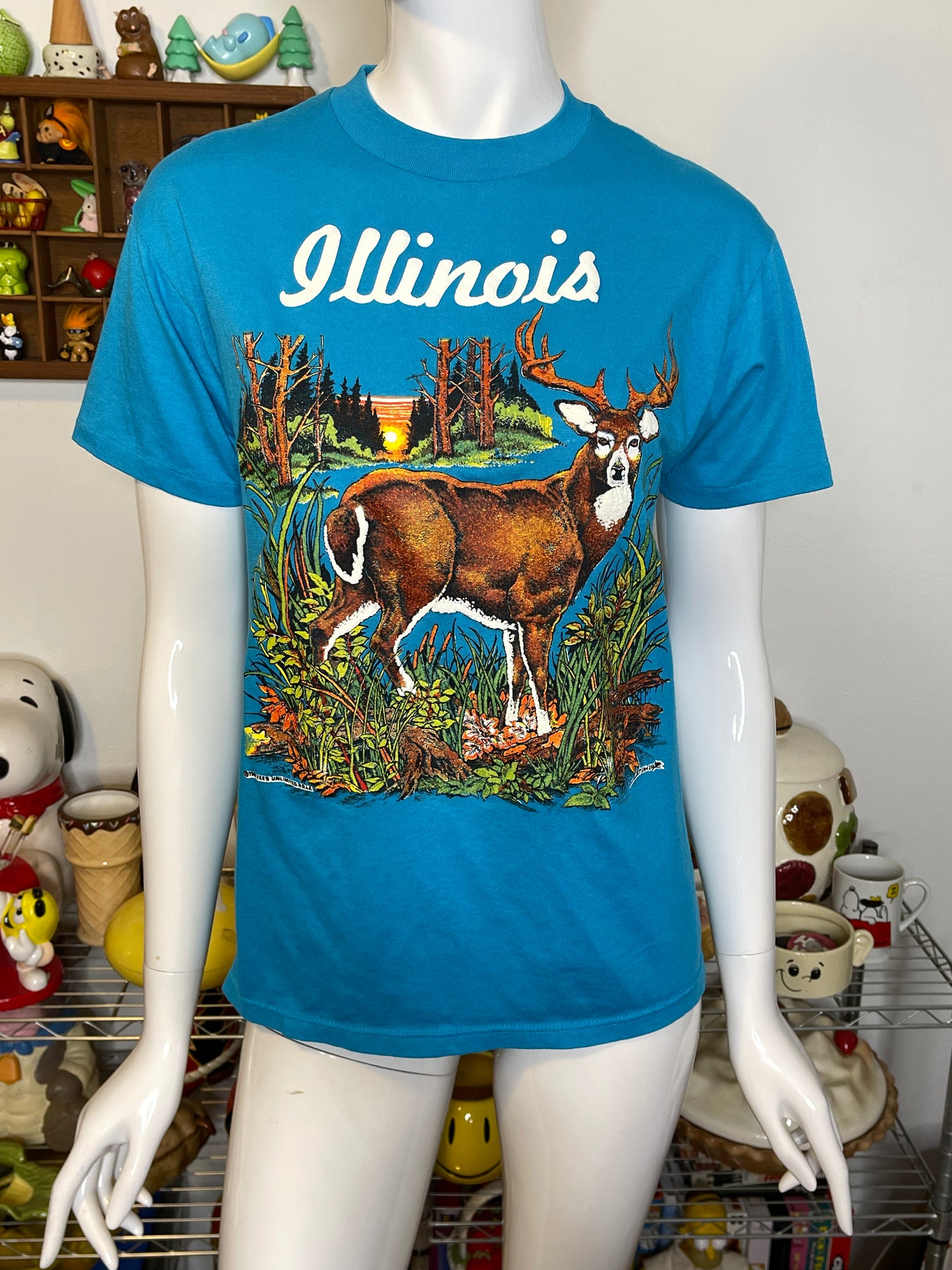 Vintage 80s Illinois Deer Blue Graphic Tee Sz S