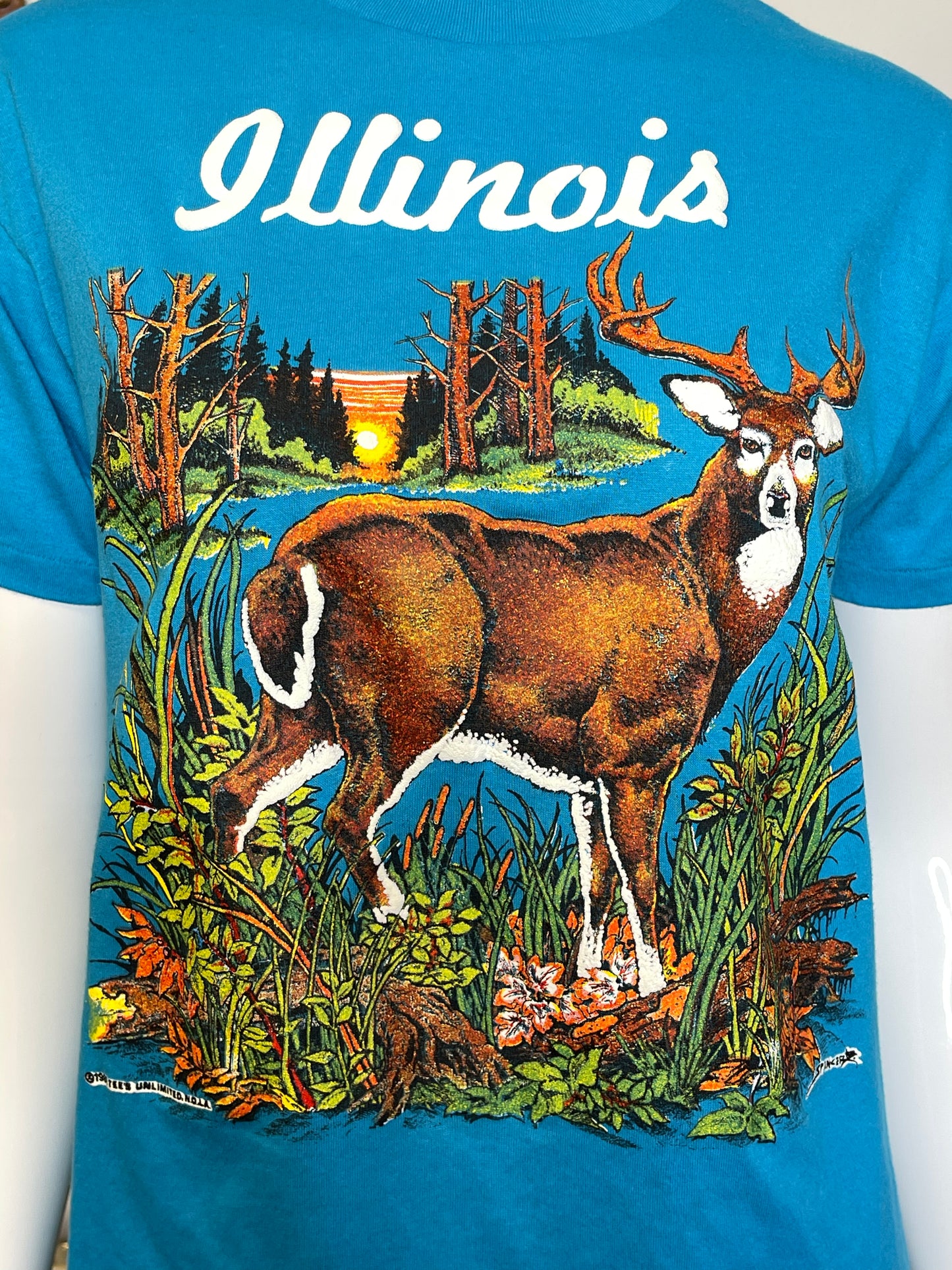 Vintage 80s Illinois Deer Blue Graphic Tee Sz S