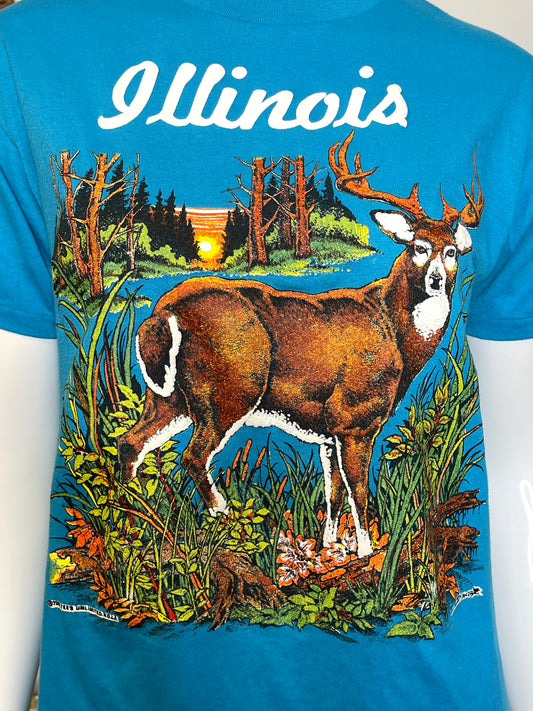Vintage 80s Illinois Deer Blue Graphic Tee Sz S
