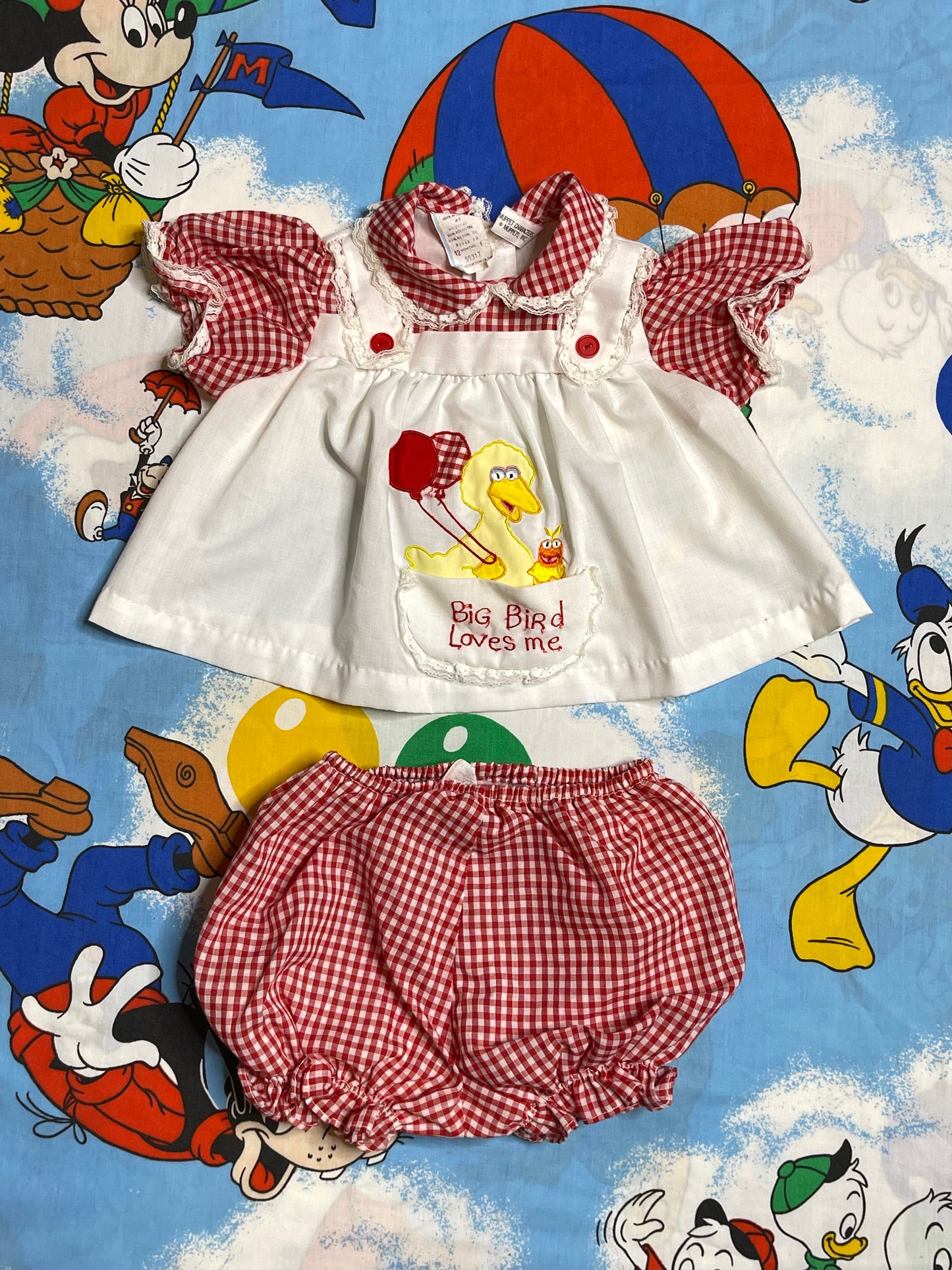 Vintage Big Bird Red Gingham Baby Dress + Bloomers 2pc Set Sz 12M