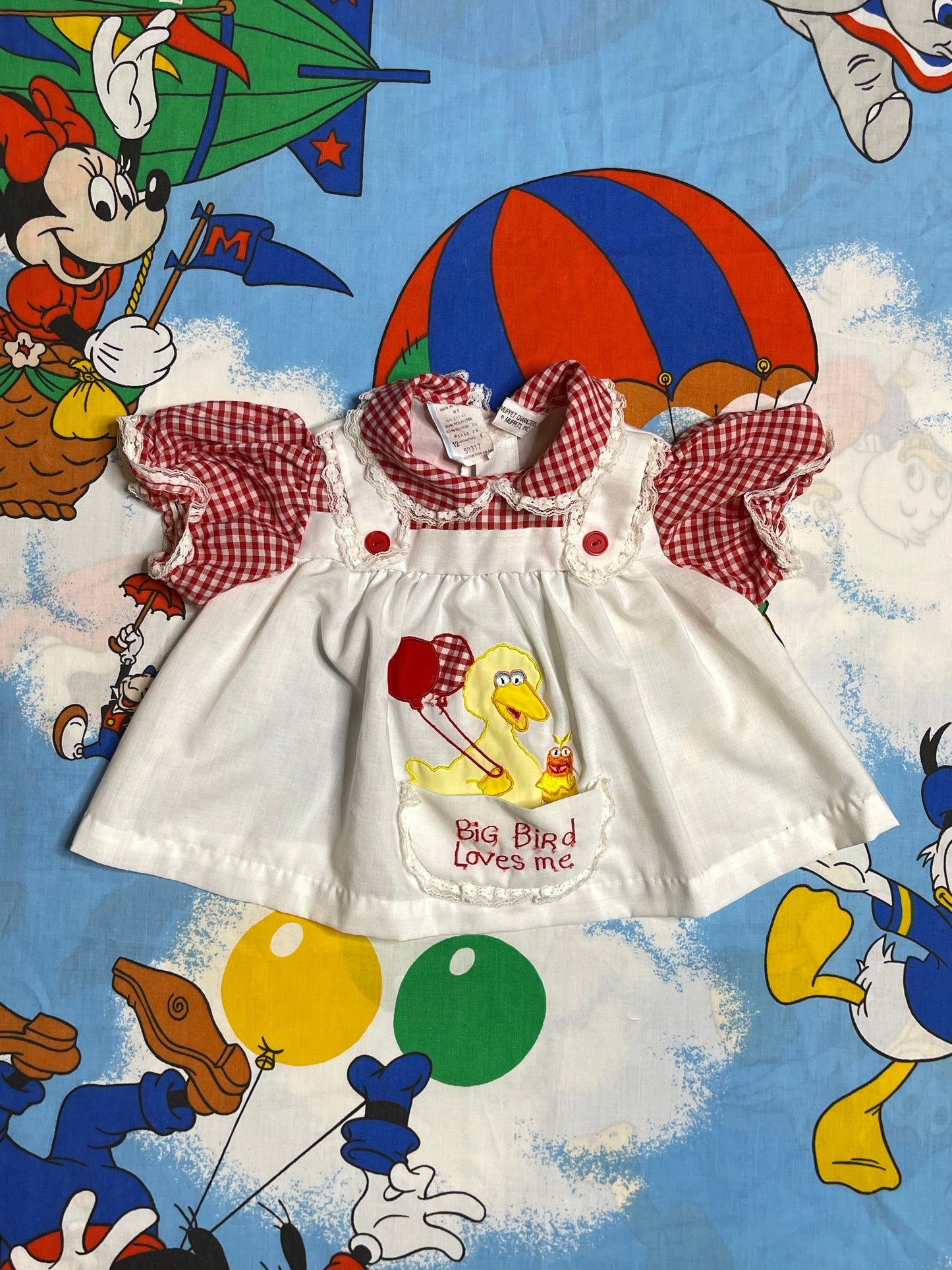 Vintage Big Bird Red Gingham Baby Dress + Bloomers 2pc Set Sz 12M