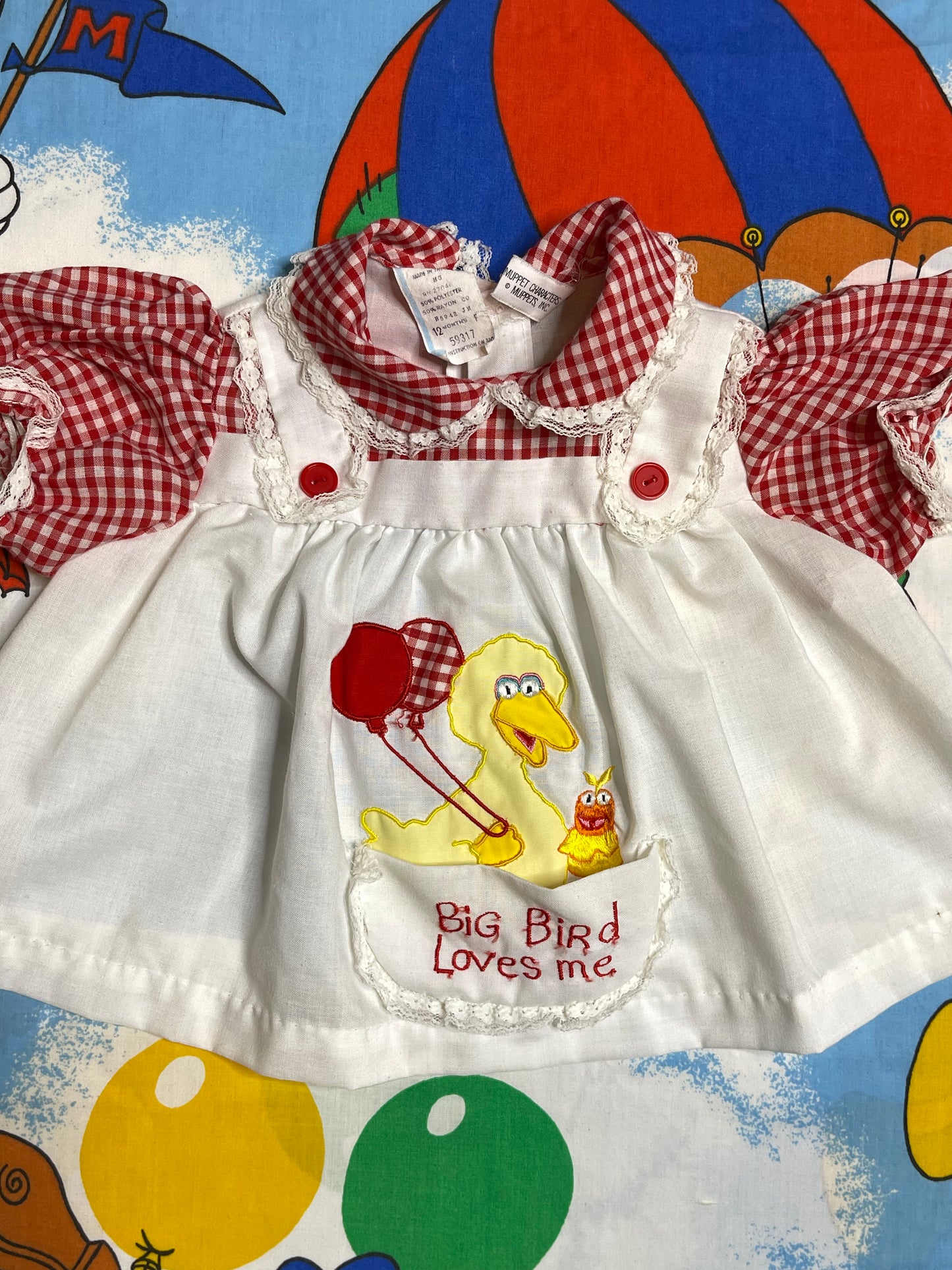 Vintage Big Bird Red Gingham Baby Dress + Bloomers 2pc Set Sz 12M