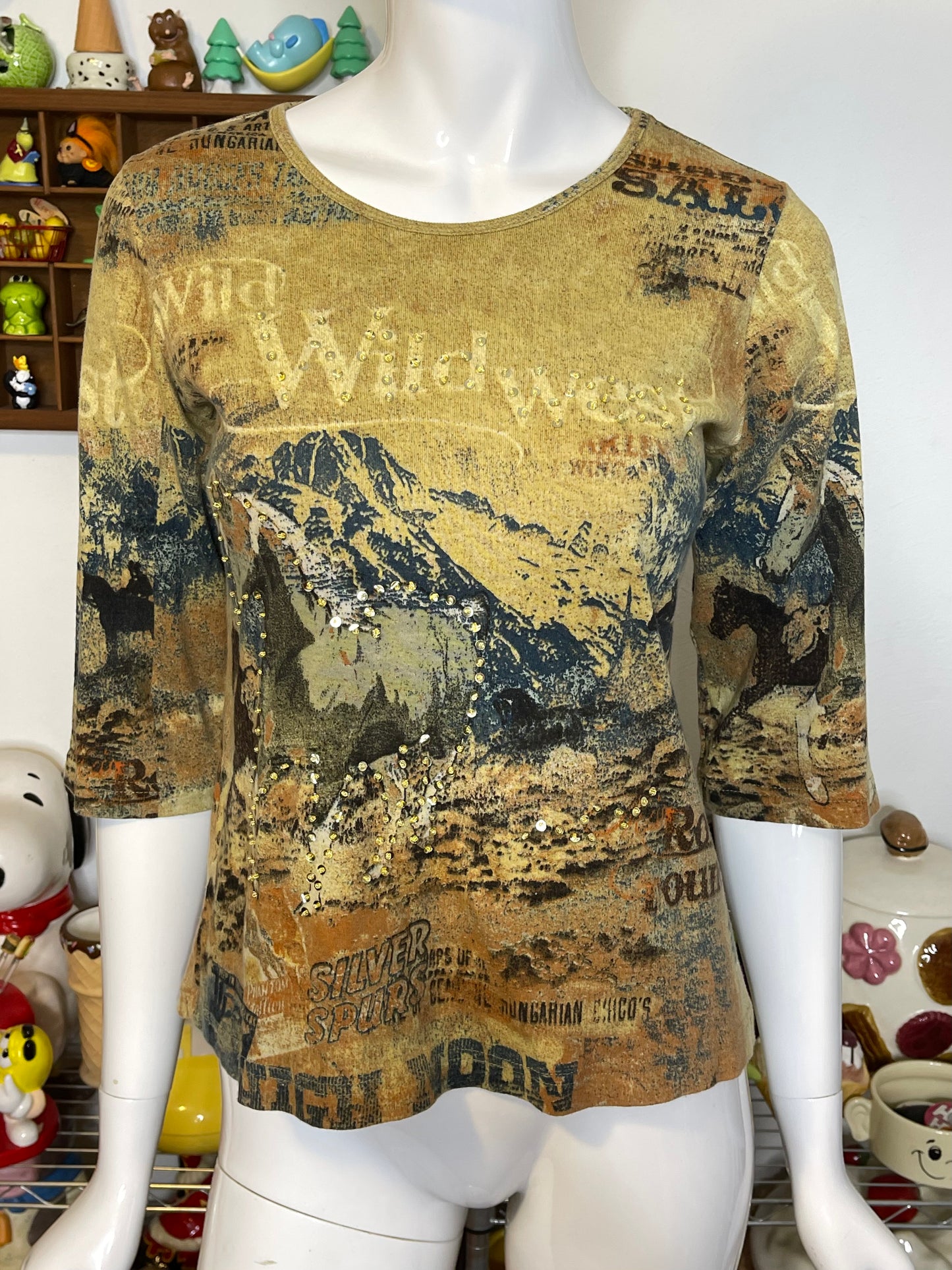 Vintage 2000s Wild West Horse All Over Cropped Sleeve Top Sz S