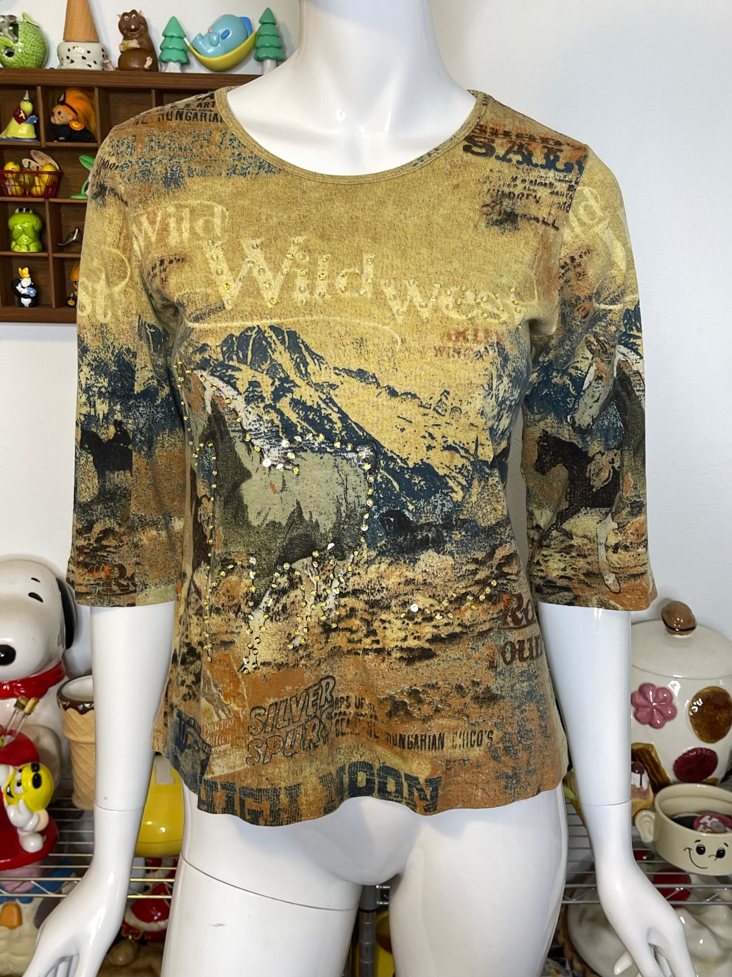 Vintage 2000s Wild West Horse All Over Cropped Sleeve Top Sz S