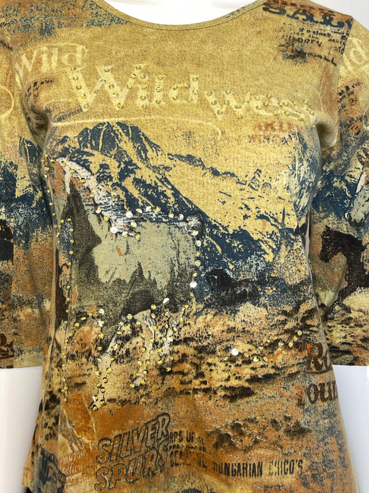 Vintage 2000s Wild West Horse All Over Cropped Sleeve Top Sz S
