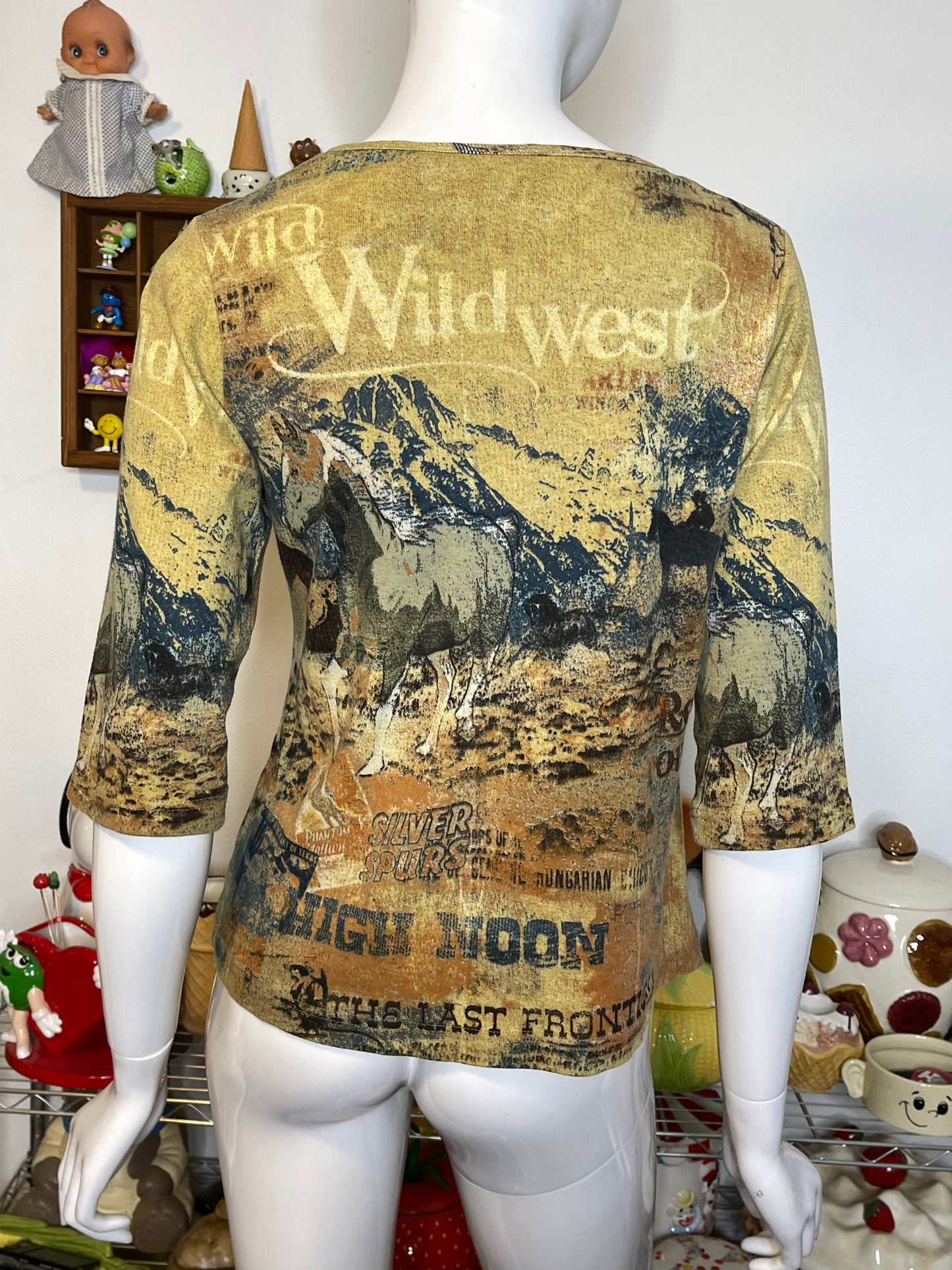 Vintage 2000s Wild West Horse All Over Cropped Sleeve Top Sz S