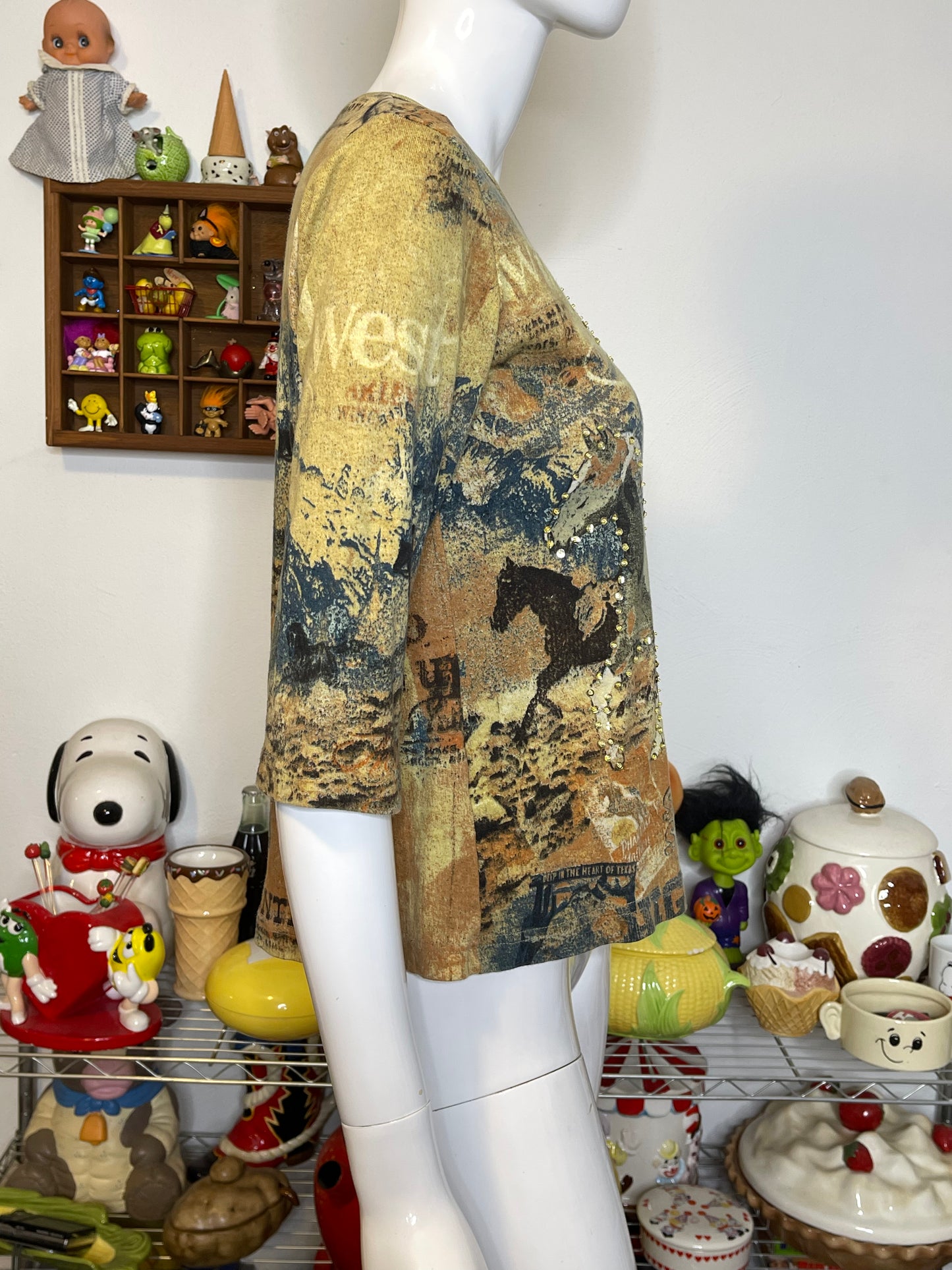 Vintage 2000s Wild West Horse All Over Cropped Sleeve Top Sz S