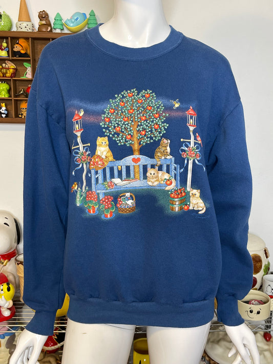 Vintage 90s Fall Apple Tree With Cats Graphic Crewneck Sweater Sz M
