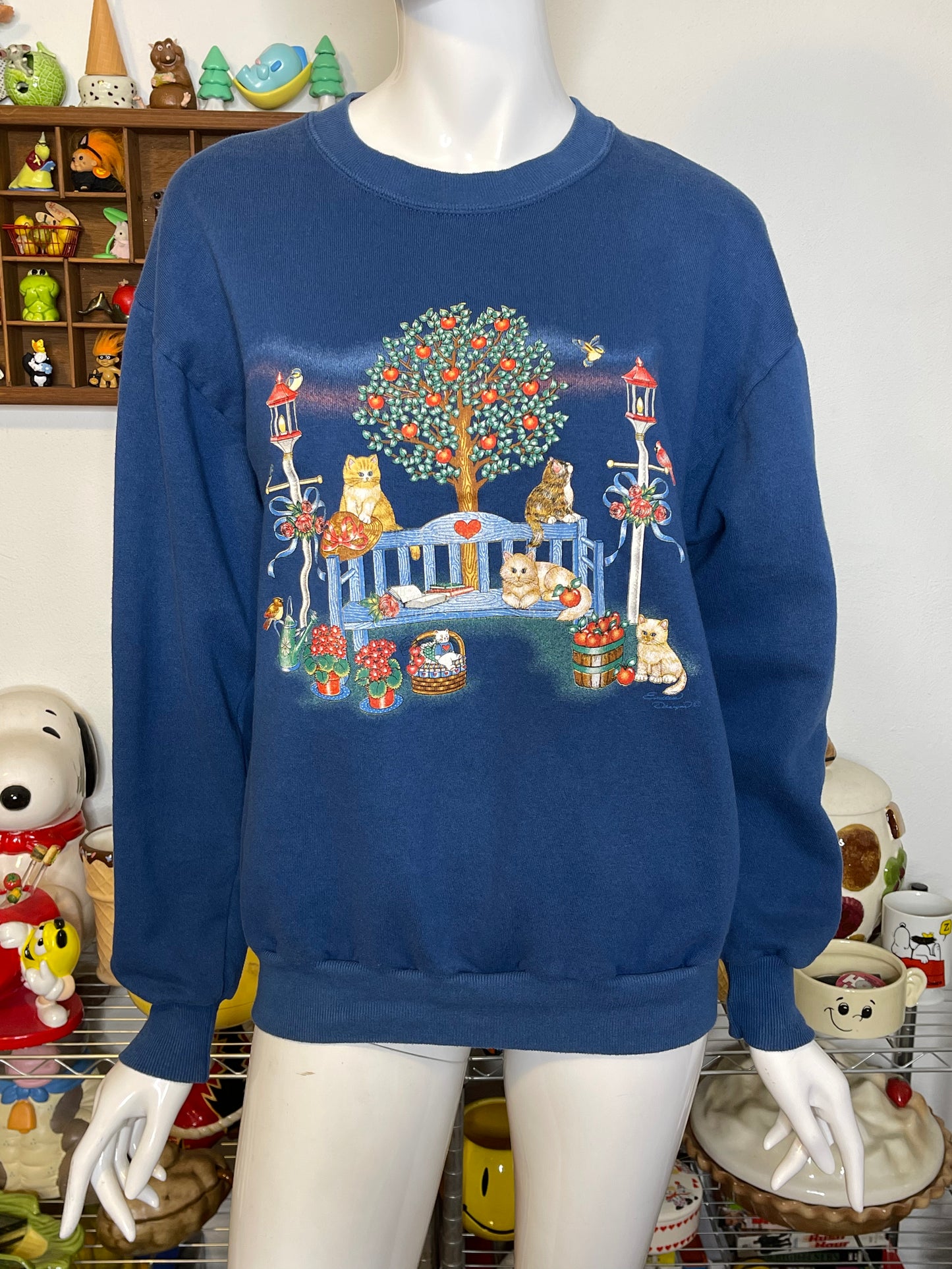 Vintage 90s Fall Apple Tree With Cats Graphic Crewneck Sweater Sz M