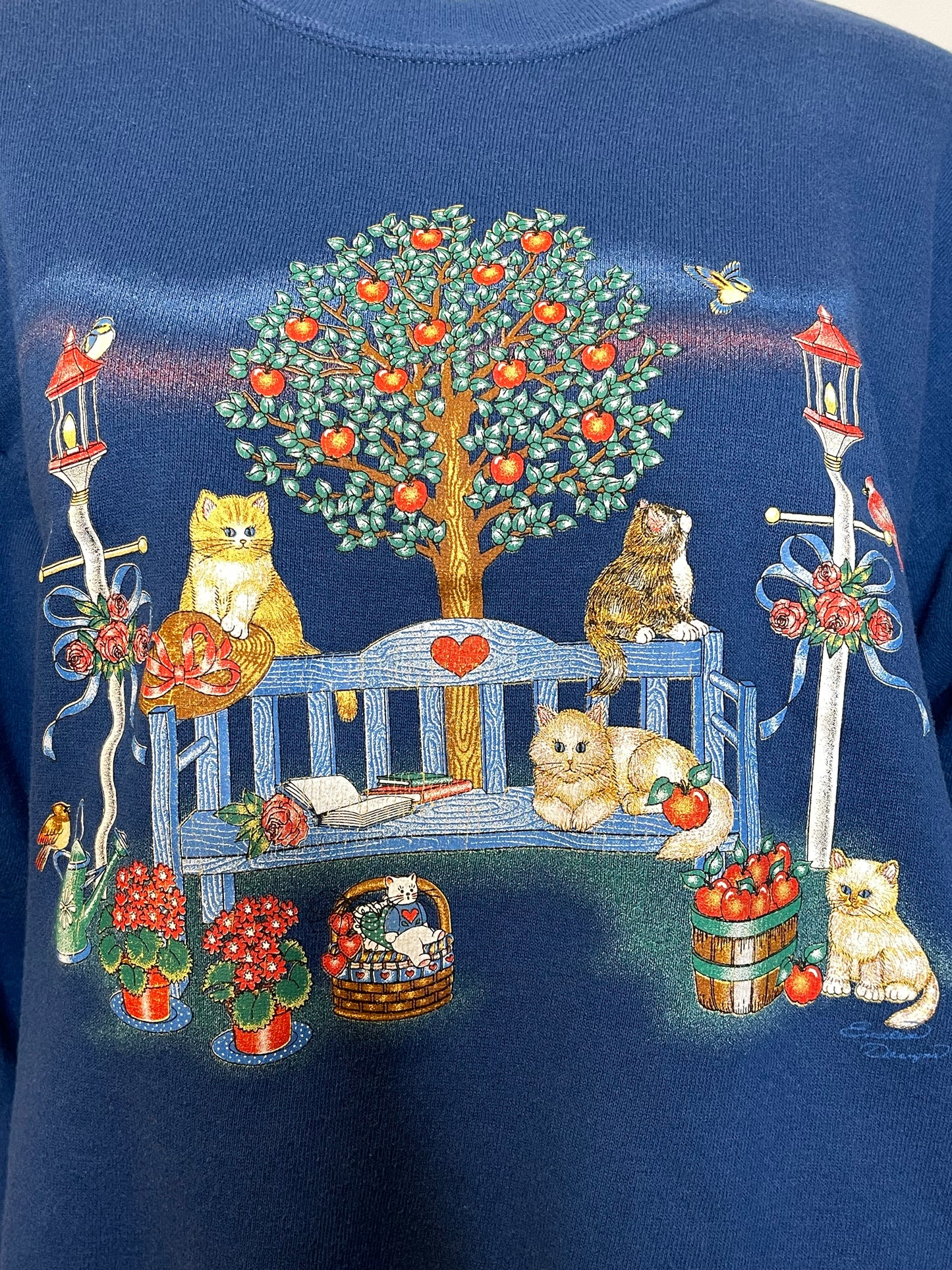 Vintage 90s Fall Apple Tree With Cats Graphic Crewneck Sweater Sz M