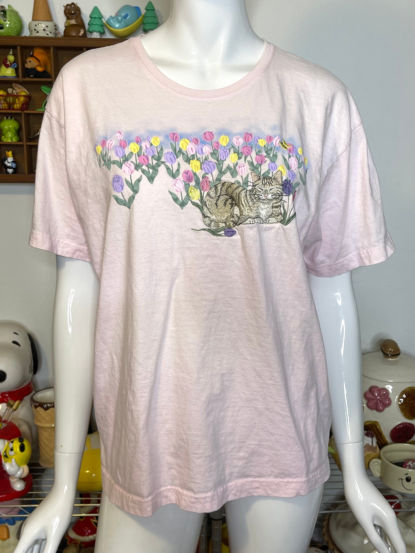 Vintage 2000s Tulip Cat Embroidered Tee Sz L