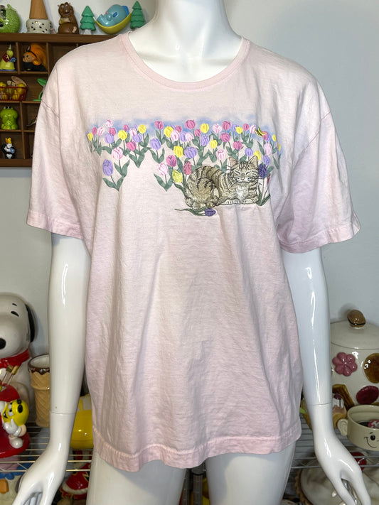 Vintage 2000s Tulip Cat Embroidered Tee Sz L