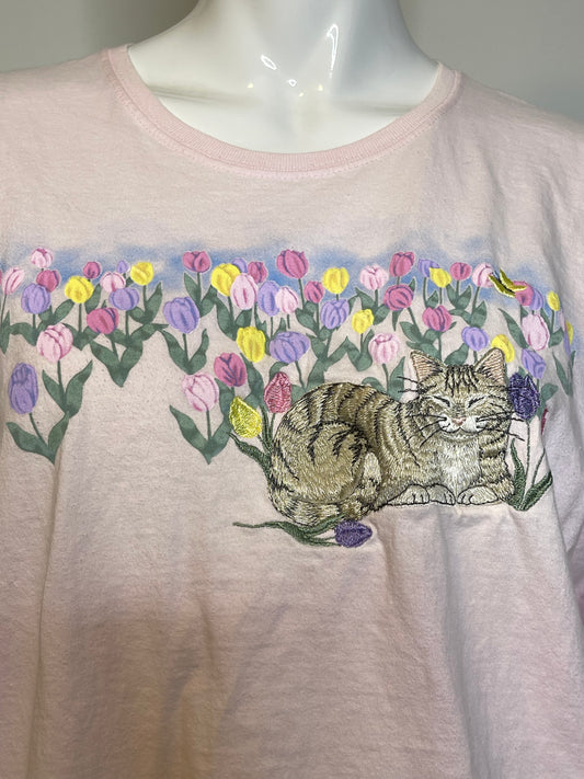 Vintage 2000s Tulip Cat Embroidered Tee Sz L
