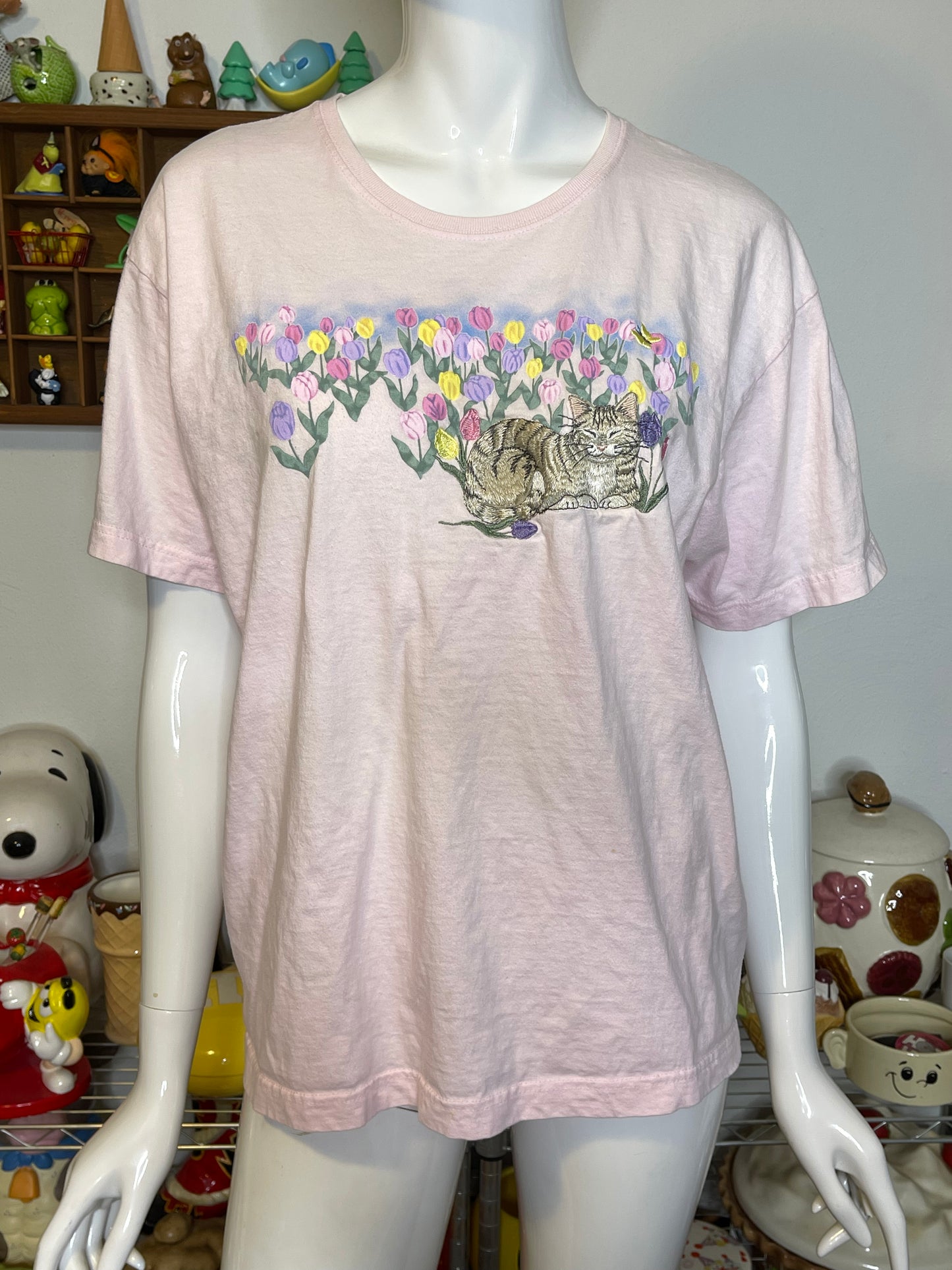 Vintage 2000s Tulip Cat Embroidered Tee Sz L