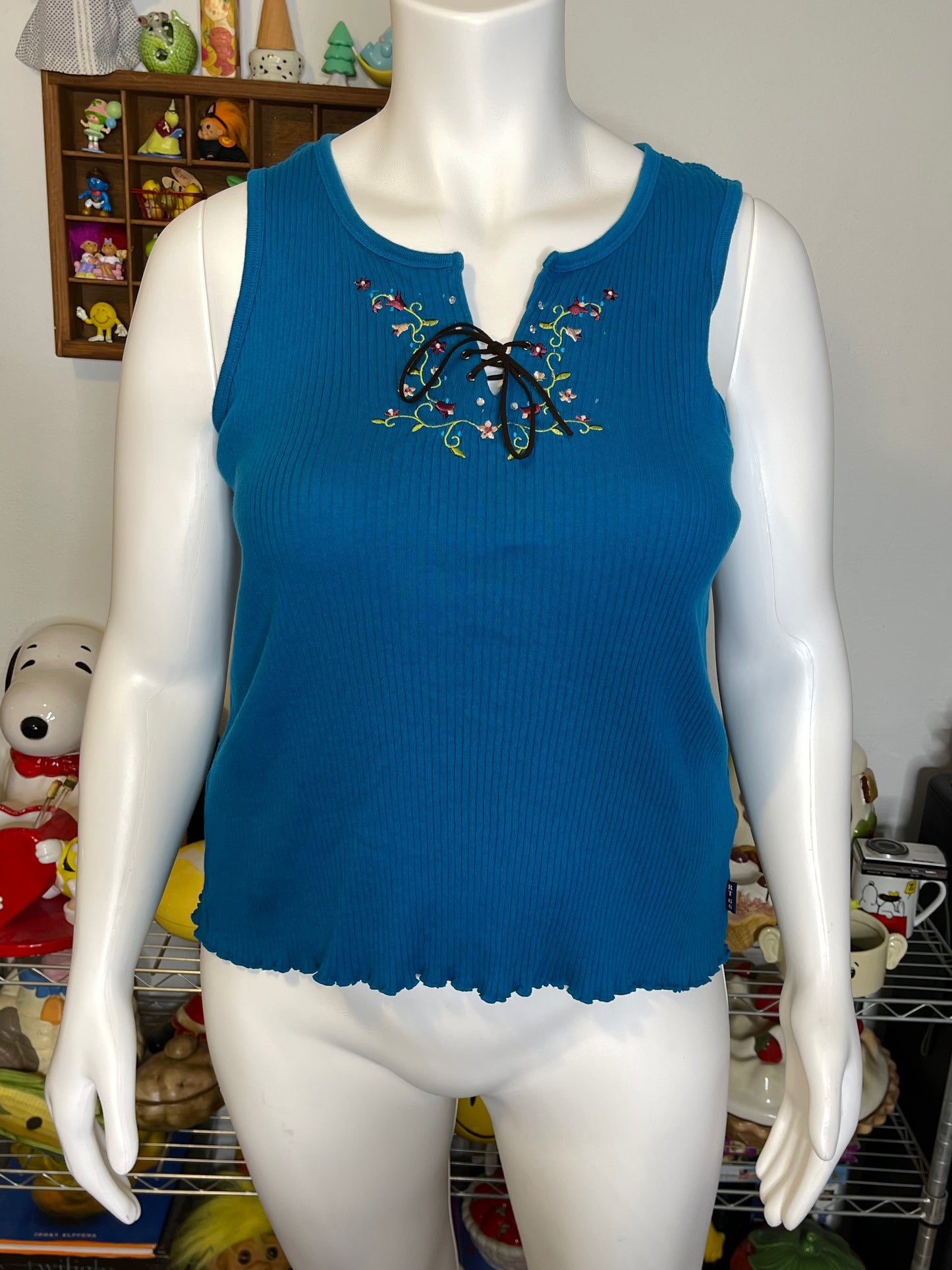 2000s Blue Flower Embroidered Stretchy Tank Top Sz 2X