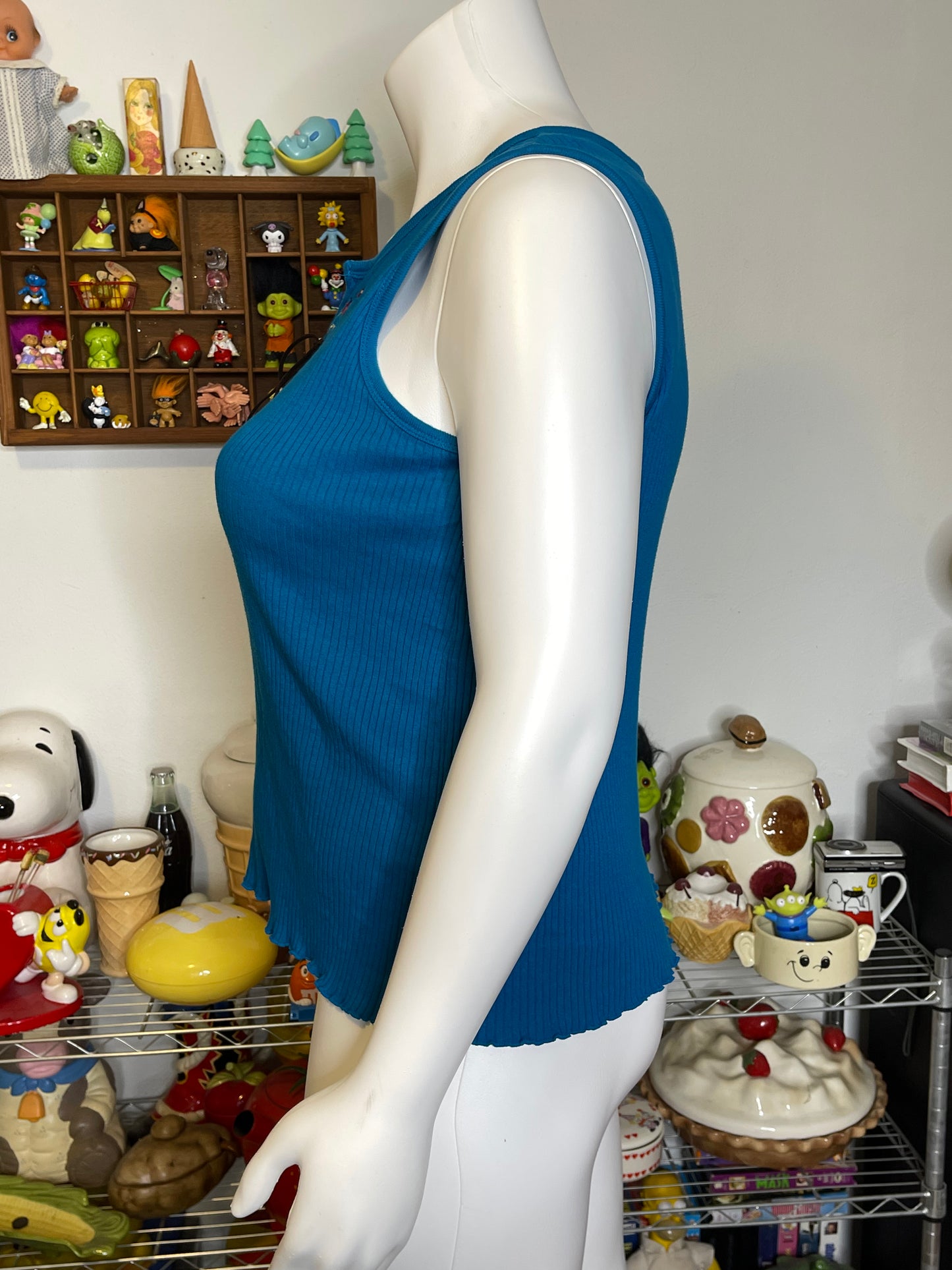 2000s Blue Flower Embroidered Stretchy Tank Top Sz 2X