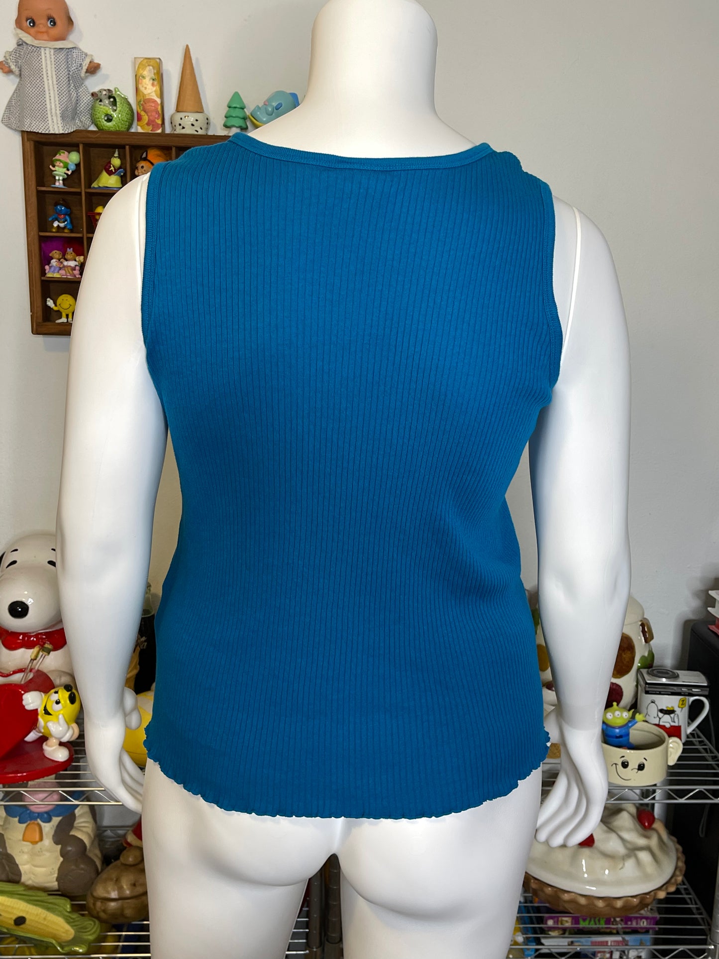 2000s Blue Flower Embroidered Stretchy Tank Top Sz 2X