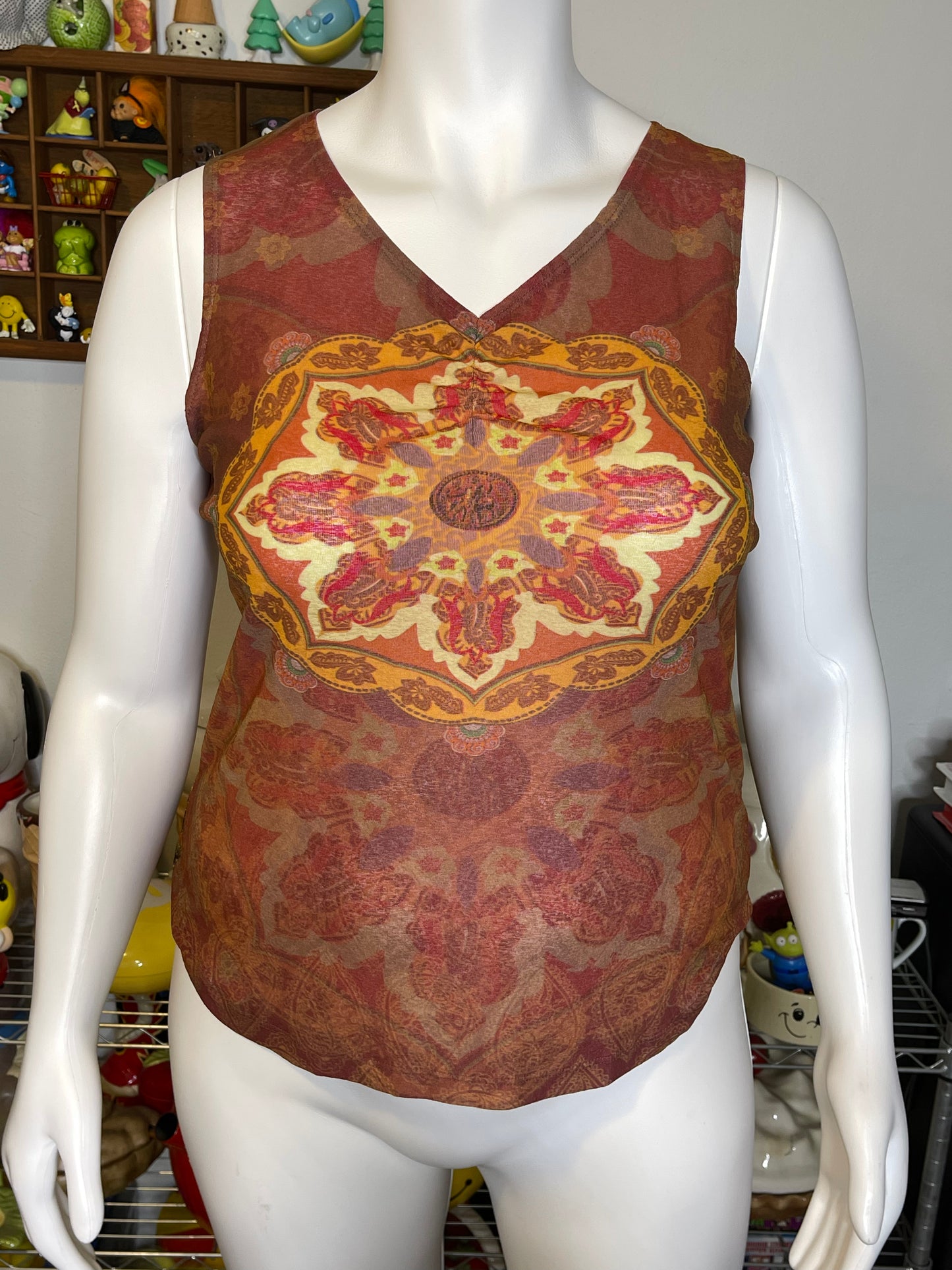 2000s Bohemian Mirco Mesh V-Neck Tank Top Sz XL/XXL