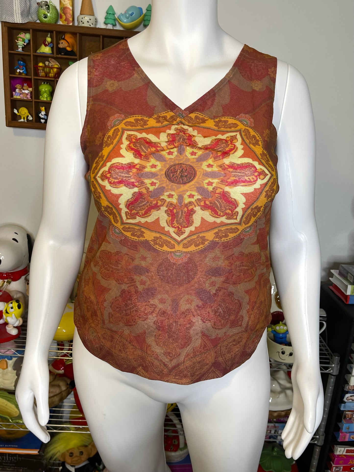 2000s Bohemian Mirco Mesh V-Neck Tank Top Sz XL/XXL