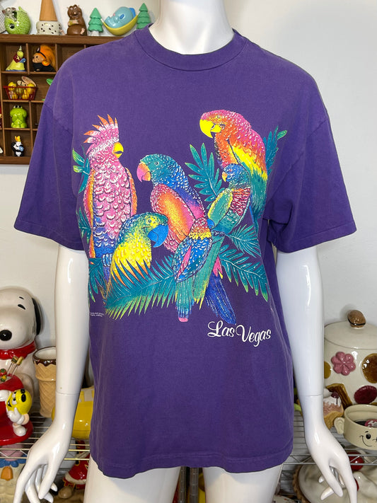 Vintage 90s Colorful Parrots Las Vegas Graphic Tee Sz L