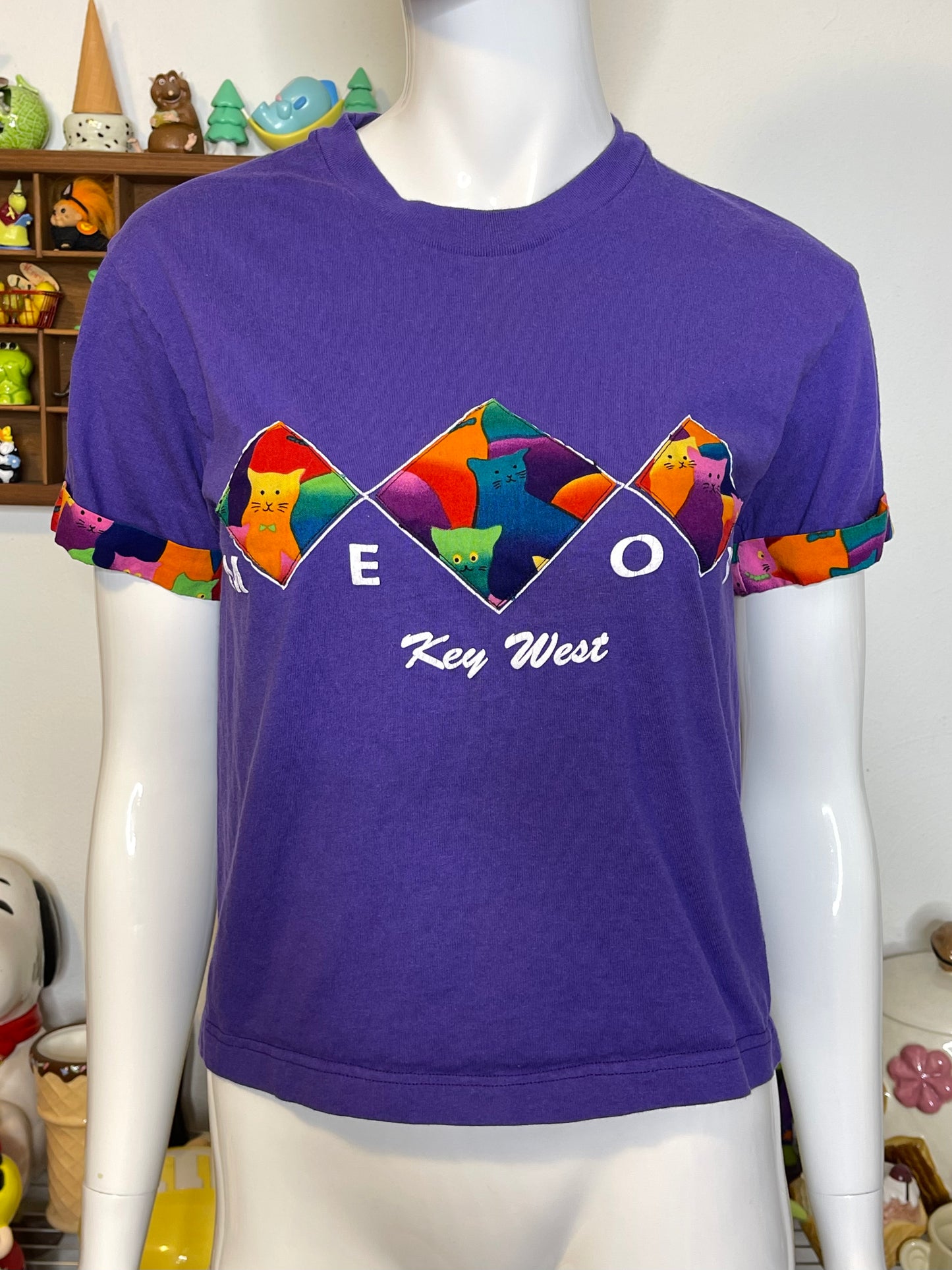 2000s Rainbow Cats Meow Key West Patchwork Tee Sz S