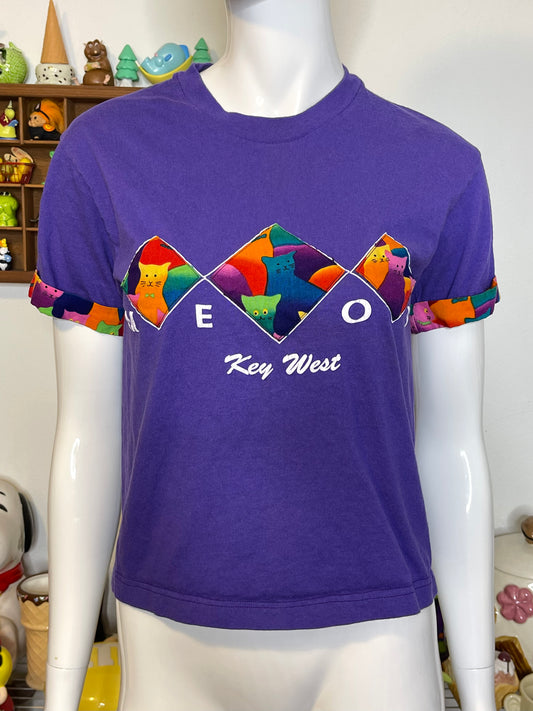 2000s Rainbow Cats Meow Key West Patchwork Tee Sz S