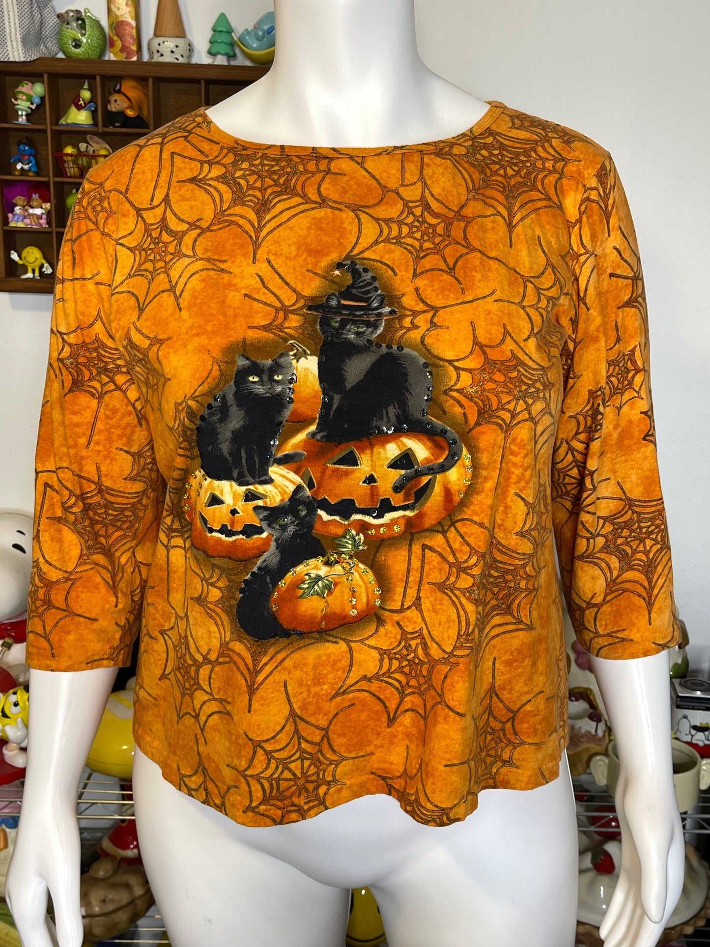 Halloween Black Cat Pumpkin Sequin 3/4 Sleeve Top Sz XL