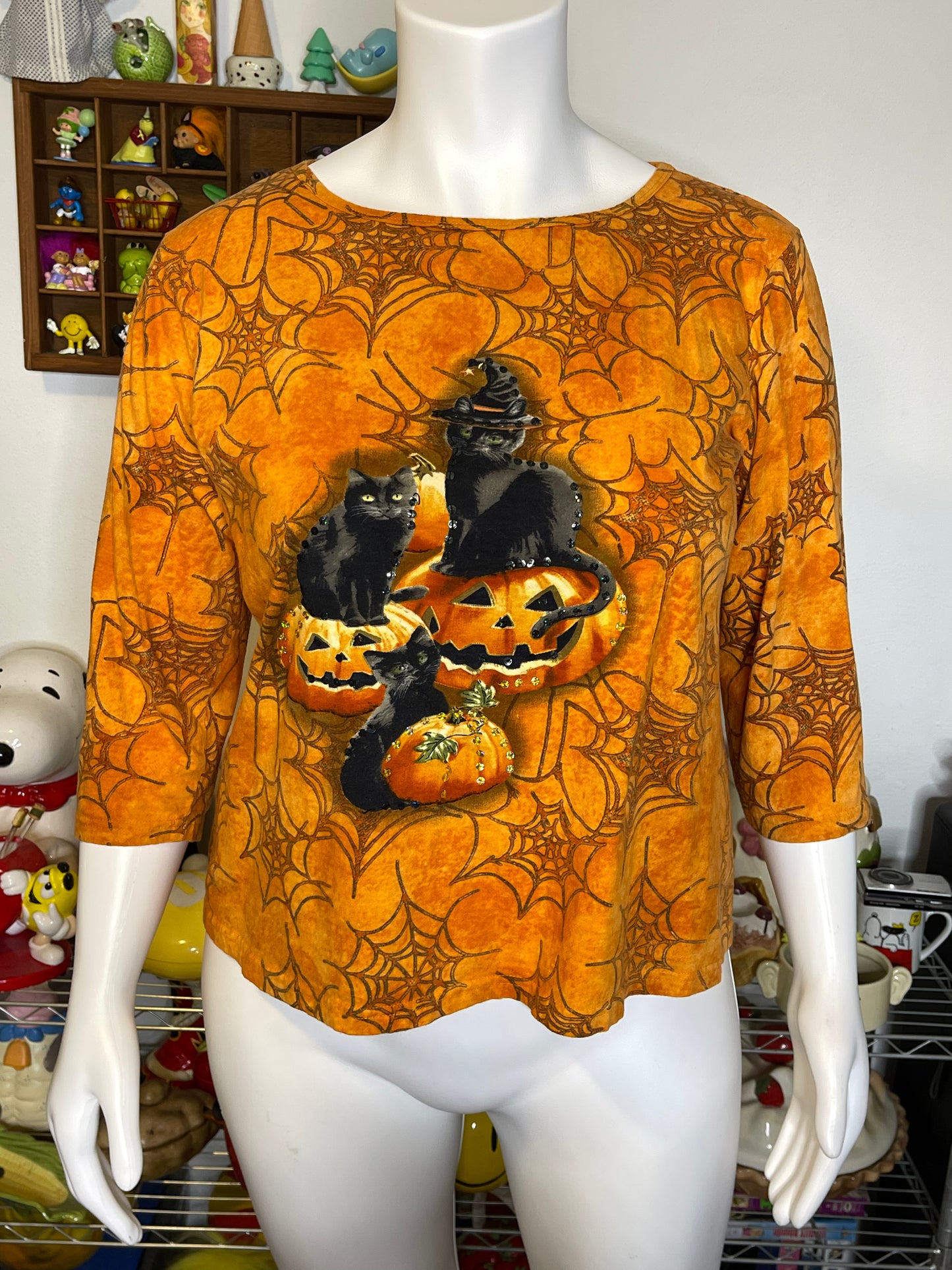 Halloween Black Cat Pumpkin Sequin 3/4 Sleeve Top Sz XL