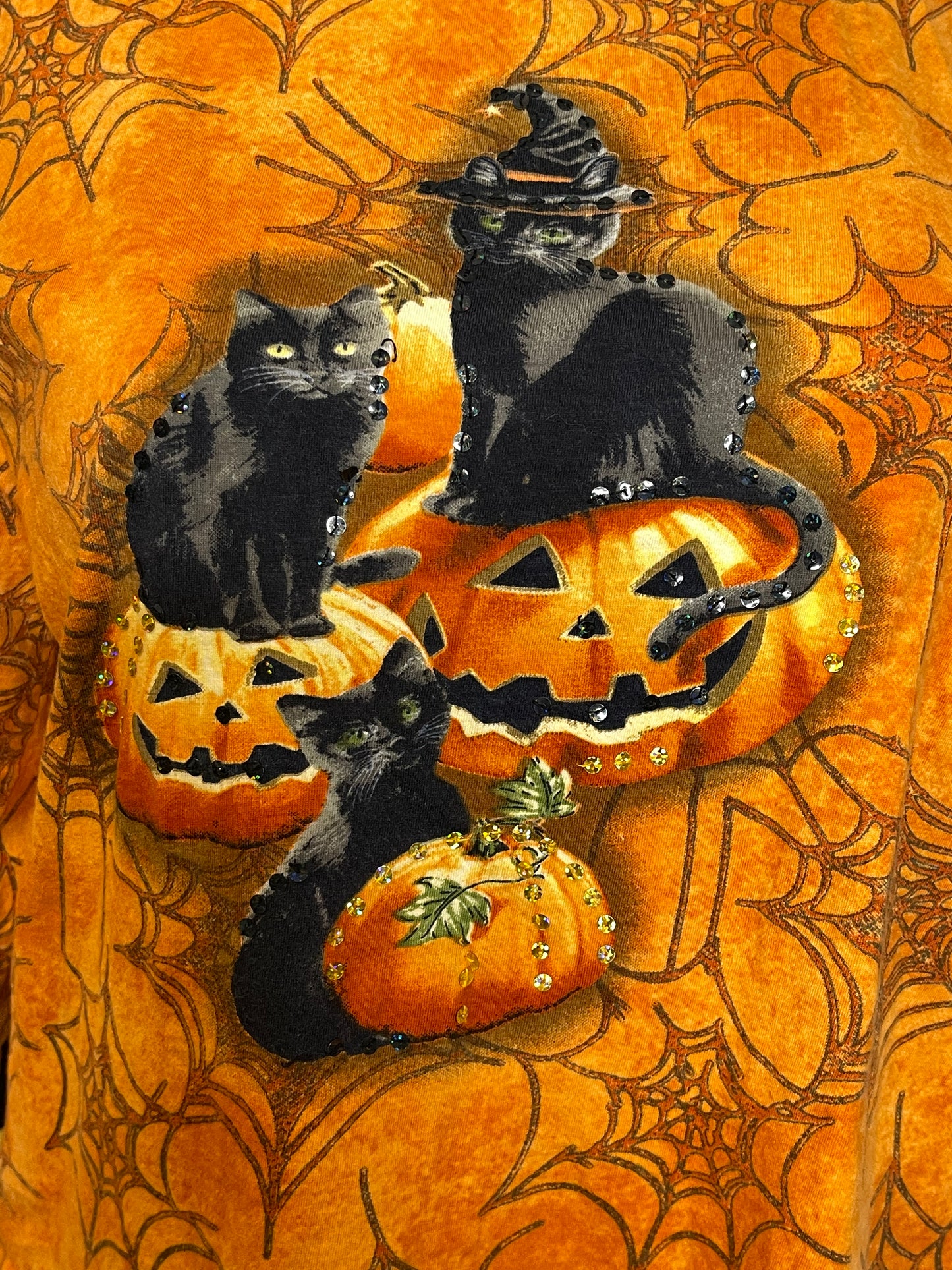 Halloween Black Cat Pumpkin Sequin 3/4 Sleeve Top Sz XL