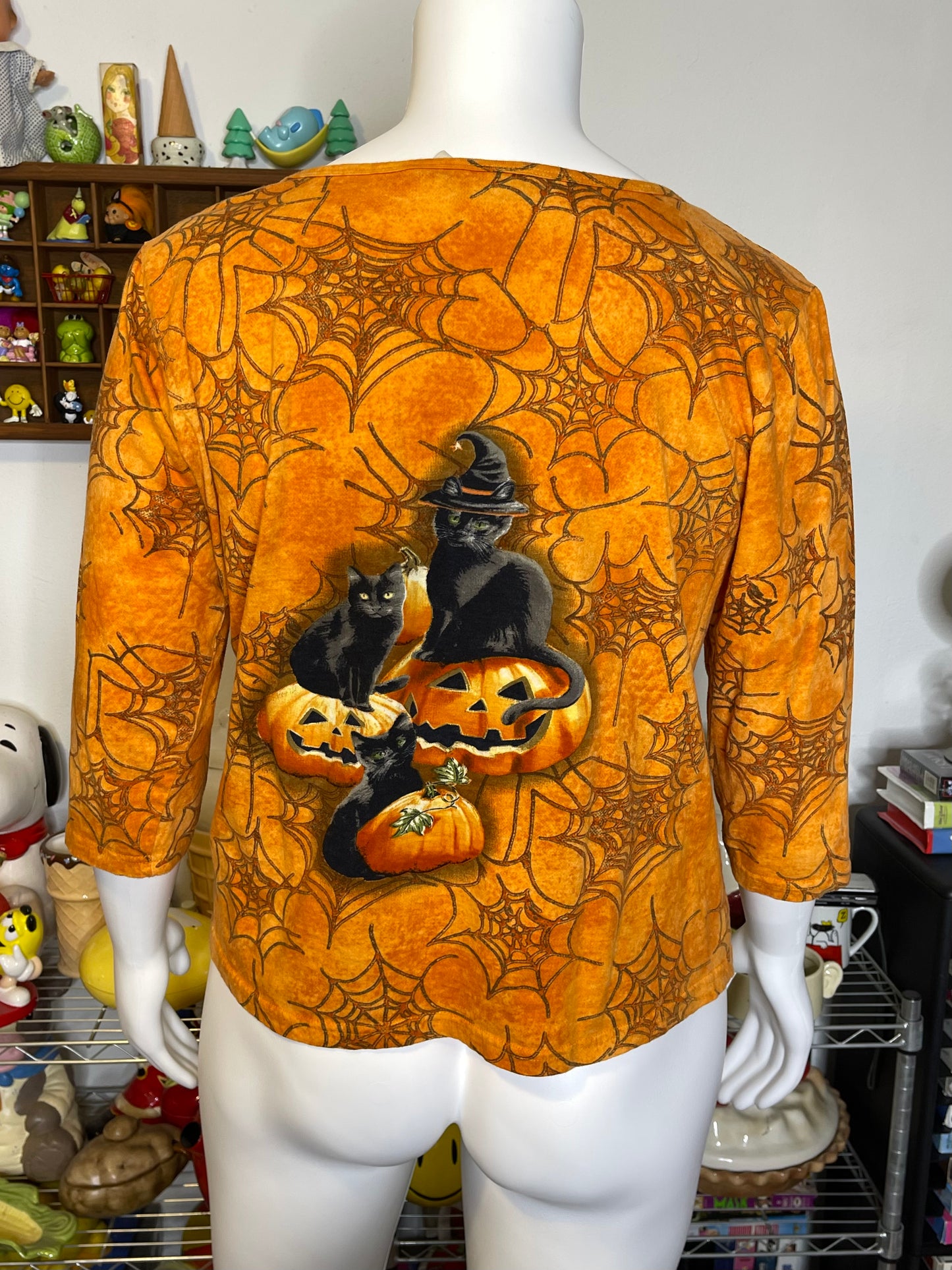 Halloween Black Cat Pumpkin Sequin 3/4 Sleeve Top Sz XL