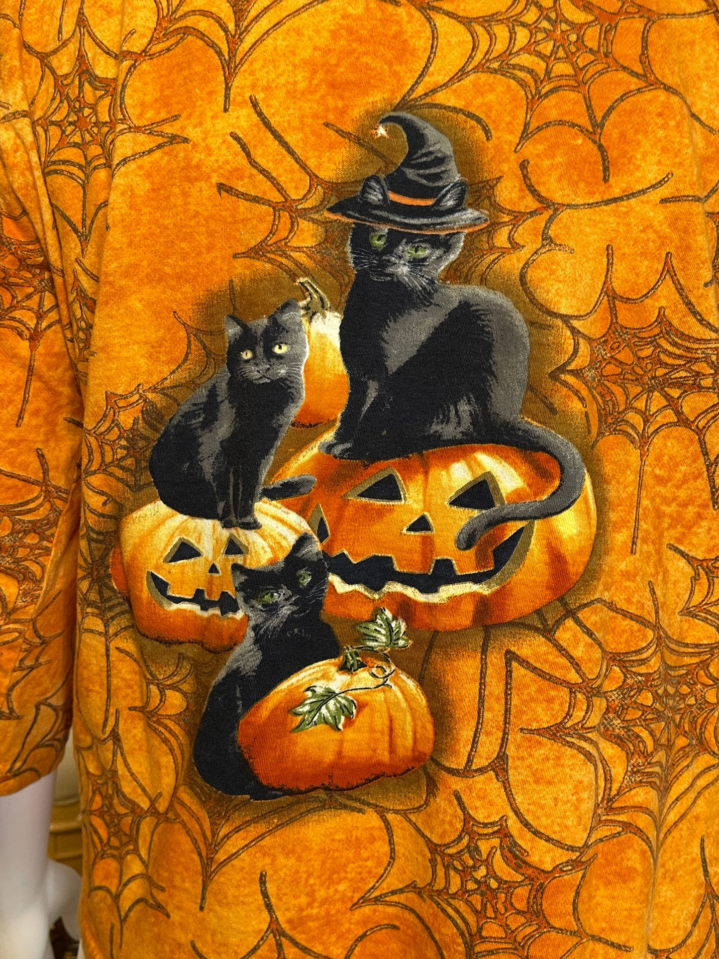 Halloween Black Cat Pumpkin Sequin 3/4 Sleeve Top Sz XL