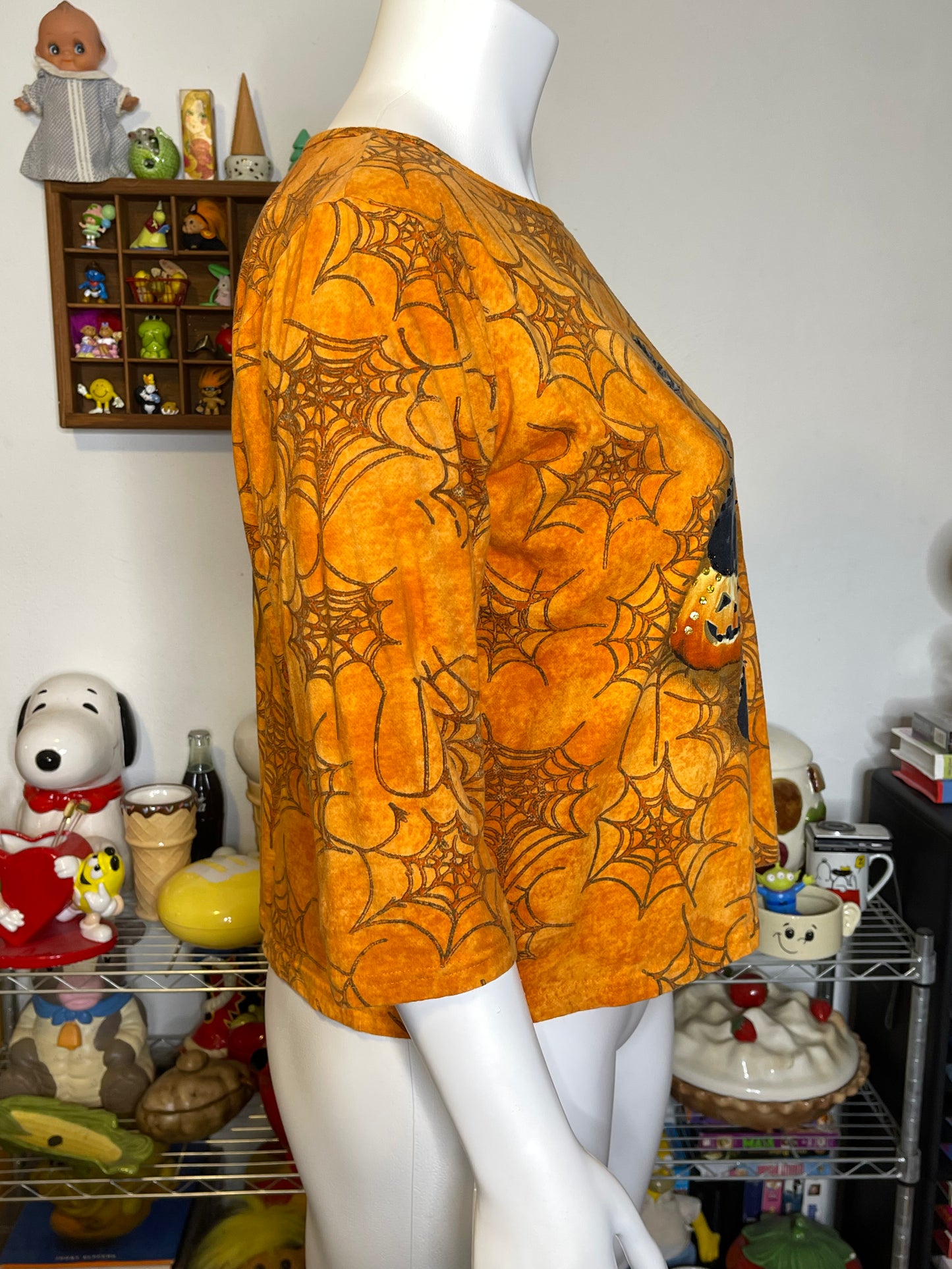 Halloween Black Cat Pumpkin Sequin 3/4 Sleeve Top Sz XL