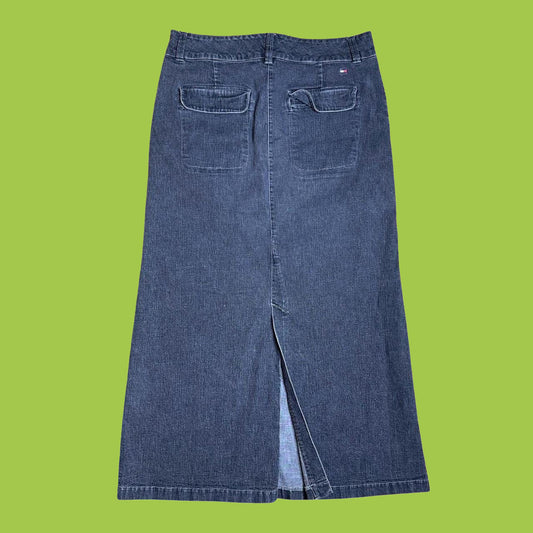 Vintage 2000s Tommy Hilfiger Faded Black Denim Maxi Skirt Sz 14
