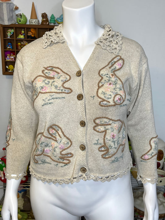 Vintage Spring Bunny Cottage Core Knit Cardigan Sz L