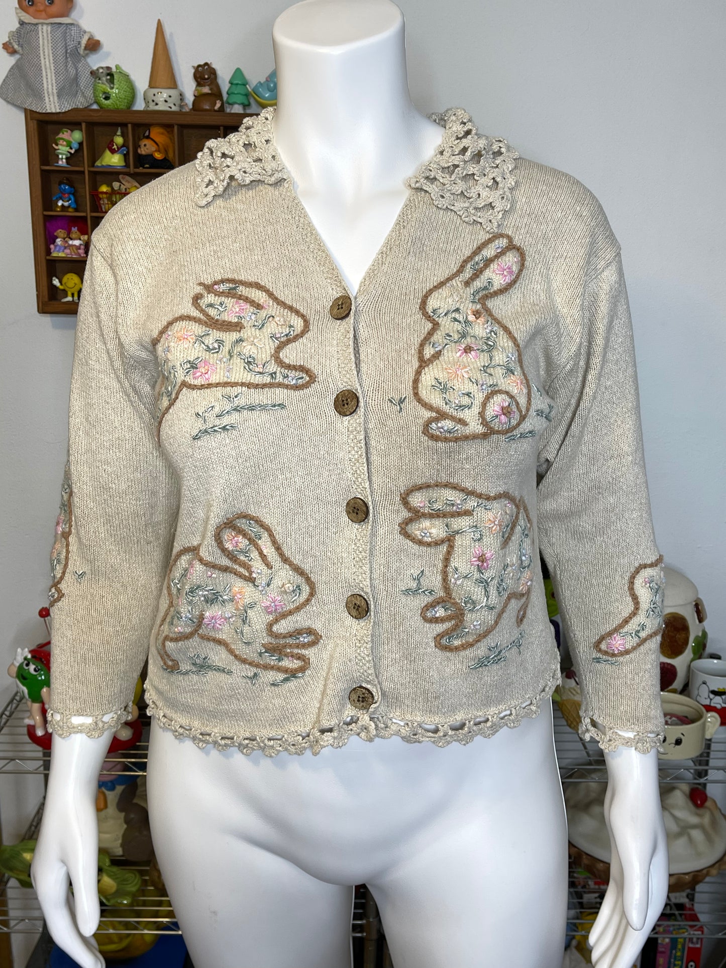 Vintage Spring Bunny Cottage Core Knit Cardigan Sz L