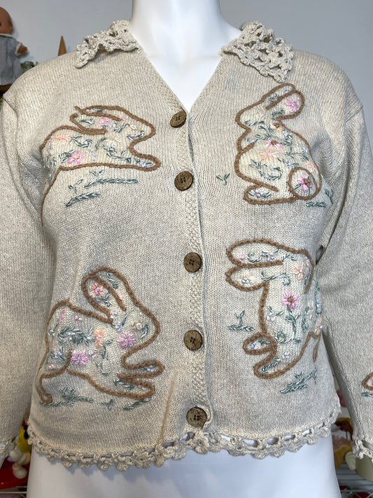 Vintage Spring Bunny Cottage Core Knit Cardigan Sz L