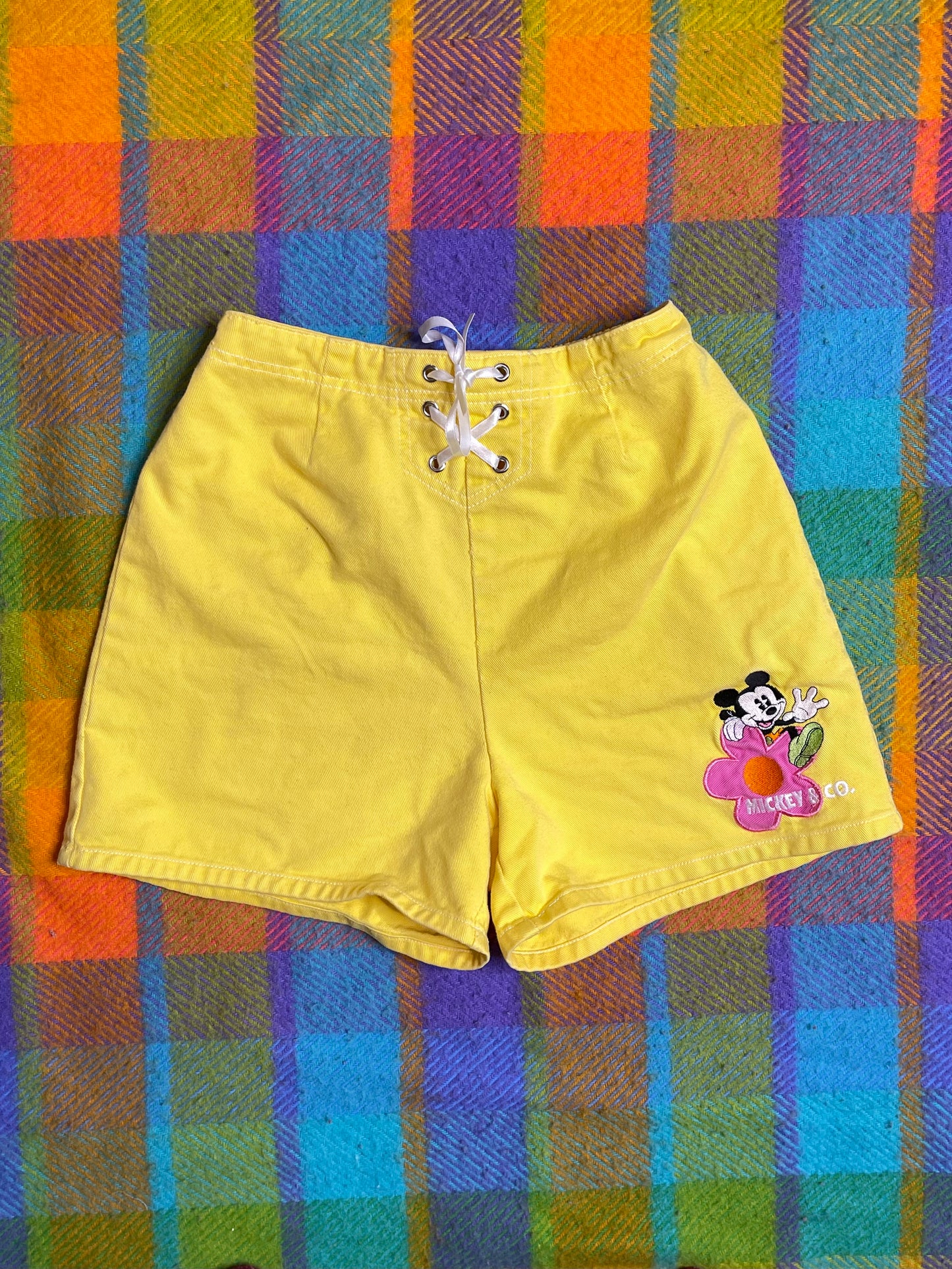 Vintage 90s Yellow Mickey Mouse Flower Kids Shorts Sz 16