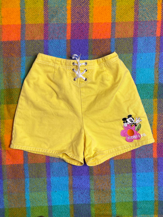 Vintage 90s Yellow Mickey Mouse Flower Kids Shorts Sz 16