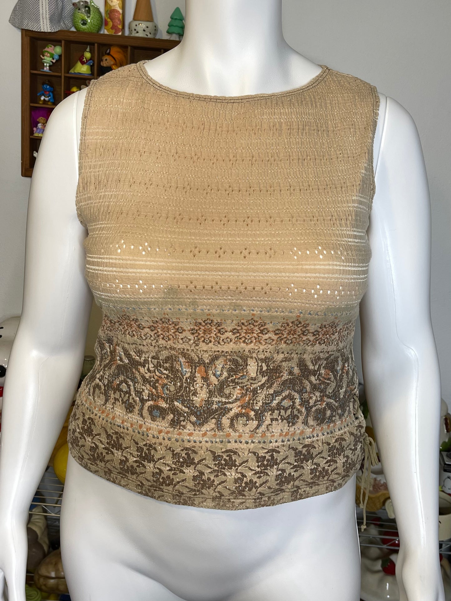2000s Waffle Pointelle Lace Up Tank Top Sz L/XL