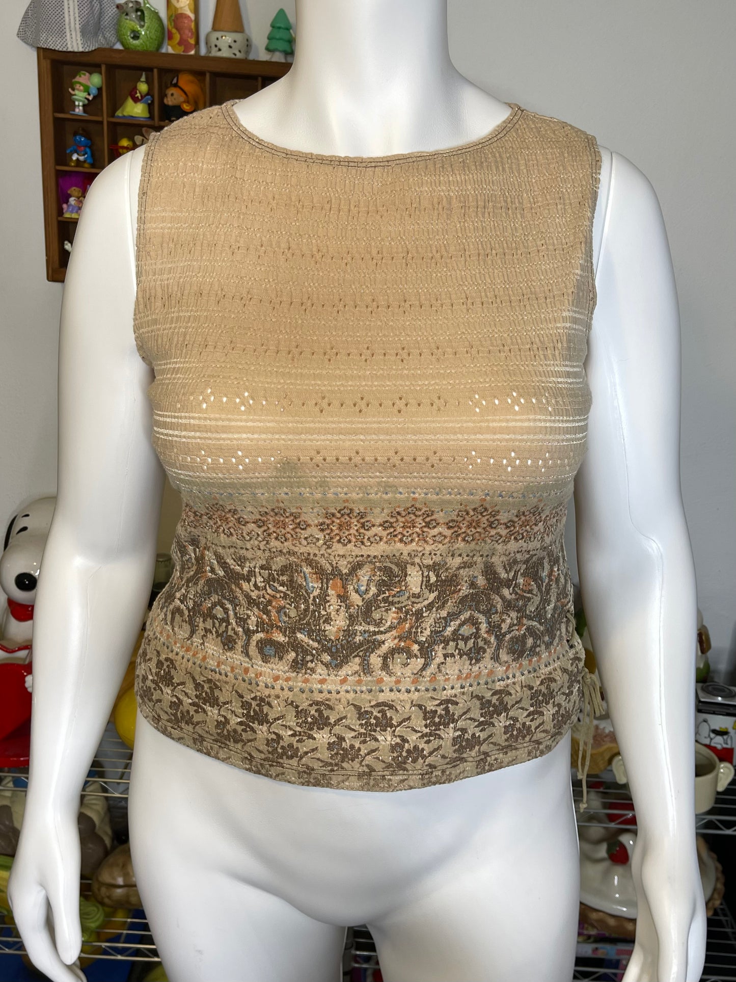 2000s Waffle Pointelle Lace Up Tank Top Sz L/XL
