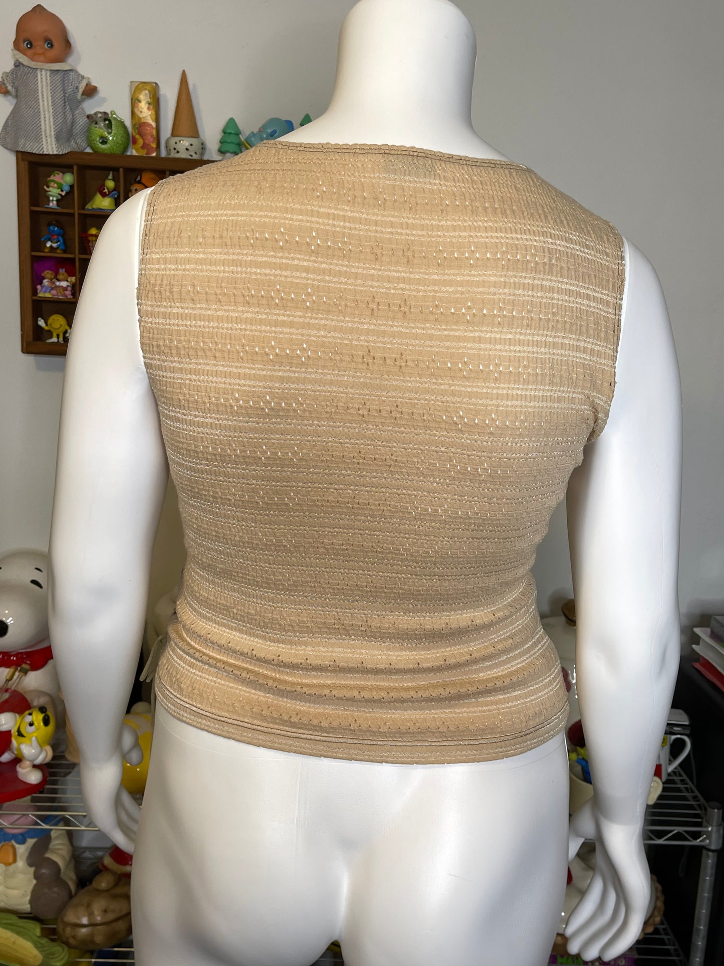 2000s Waffle Pointelle Lace Up Tank Top Sz L/XL