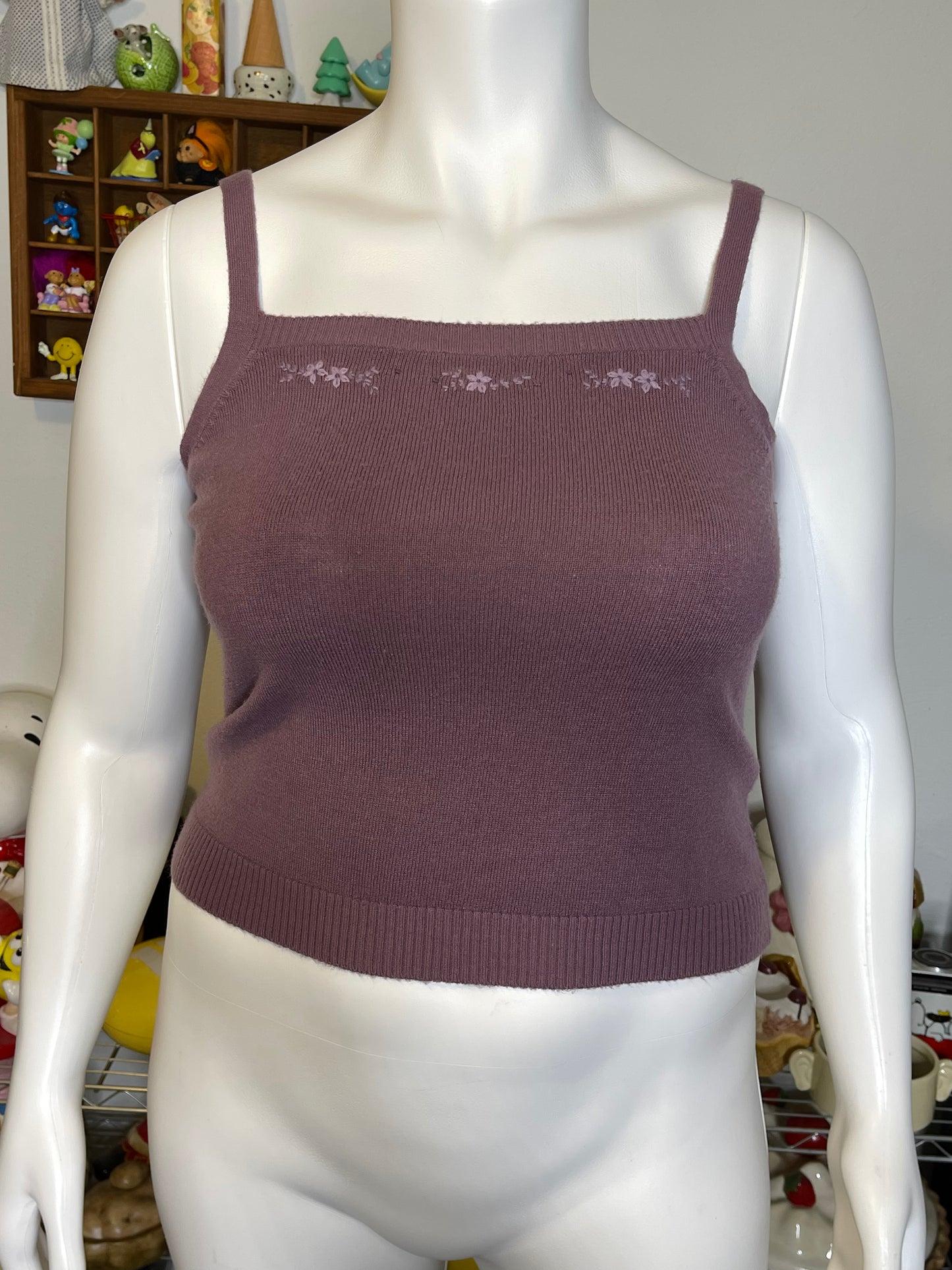 Vintage Y2K Mauve Purple Flower Knit Cami Sz L